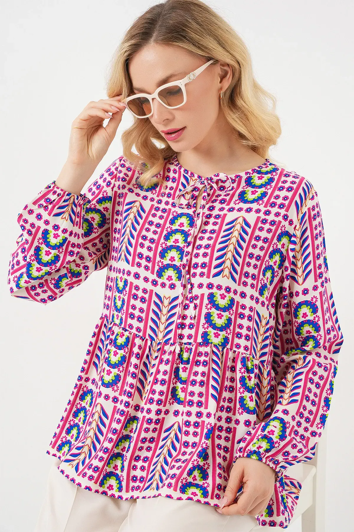 Kadın Desenli Uzun Kol Bluz 970 - Fuşya