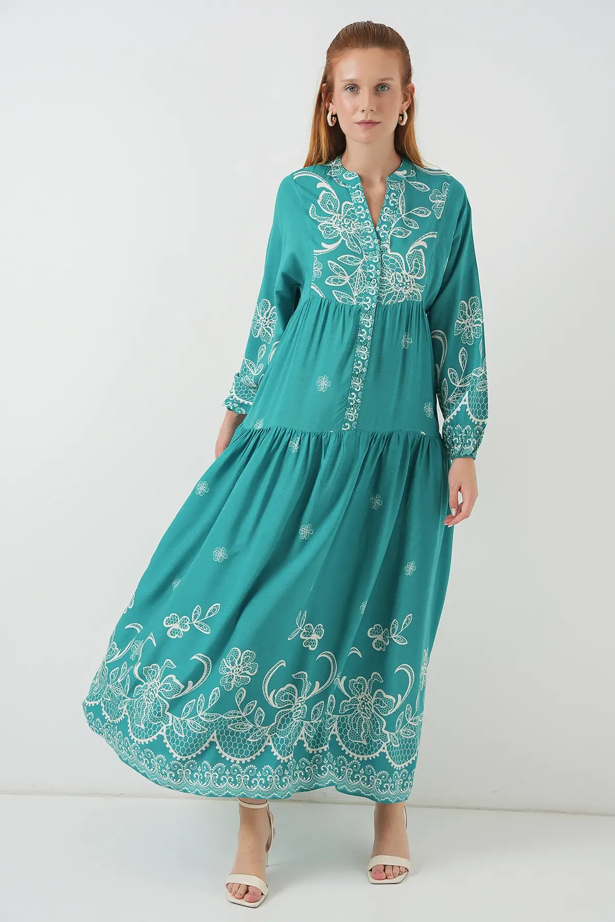 Kadın Desenli Uzun Tesettür Elbise 2585 - Mint