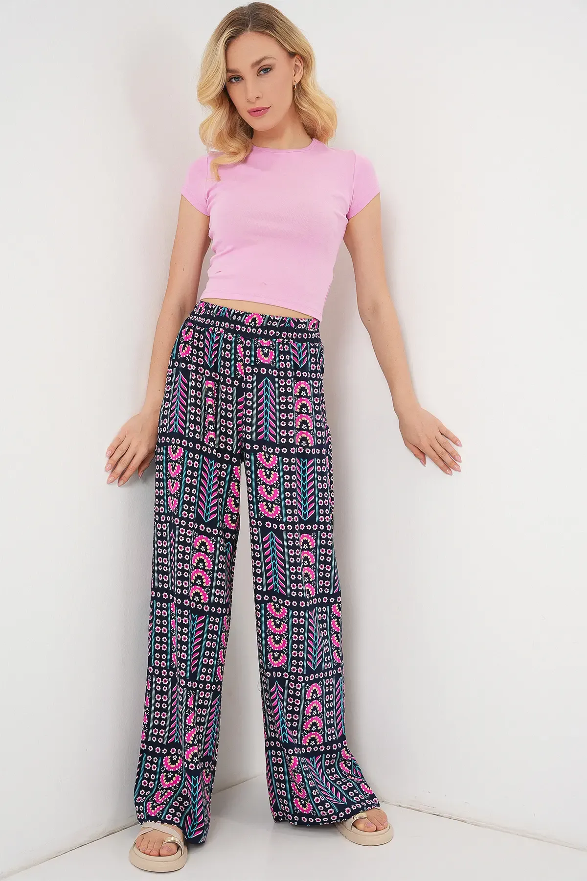 Kadın Desenli Viskon Pantolon 6749 - Lacivert