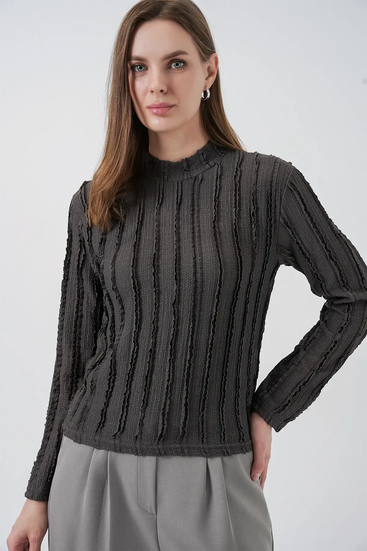 Kadın Dokulu Esnek Örme Bluz 975 - Antrasit