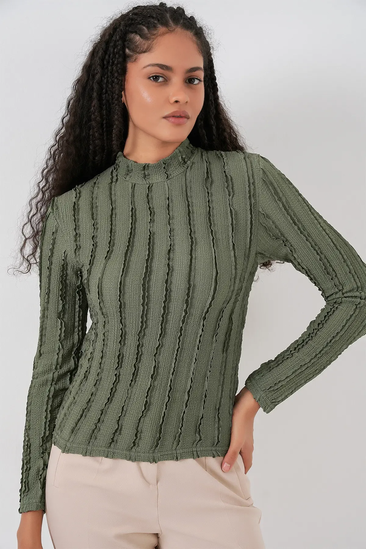 Kadın Dokulu Esnek Örme Bluz 975 - Haki