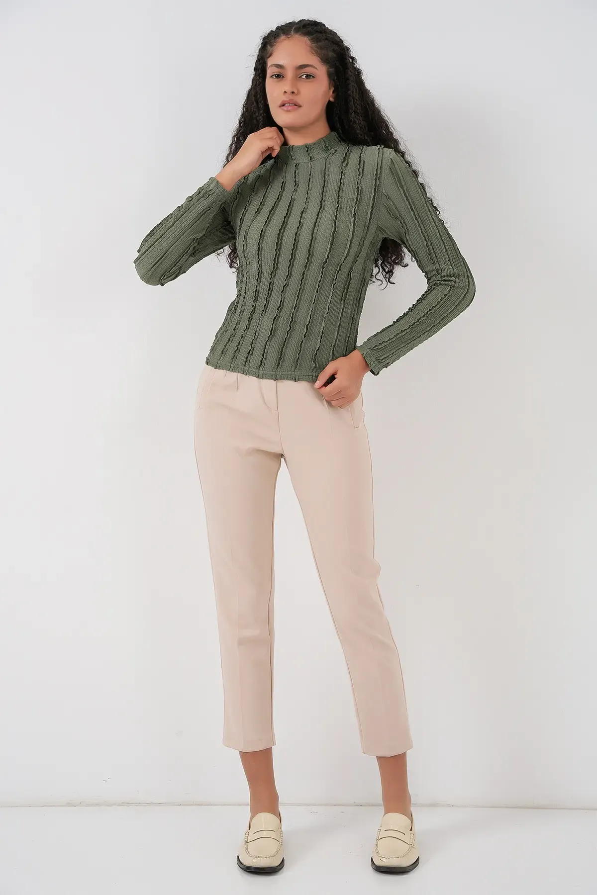 Kadın Dokulu Esnek Örme Bluz 975 - Haki