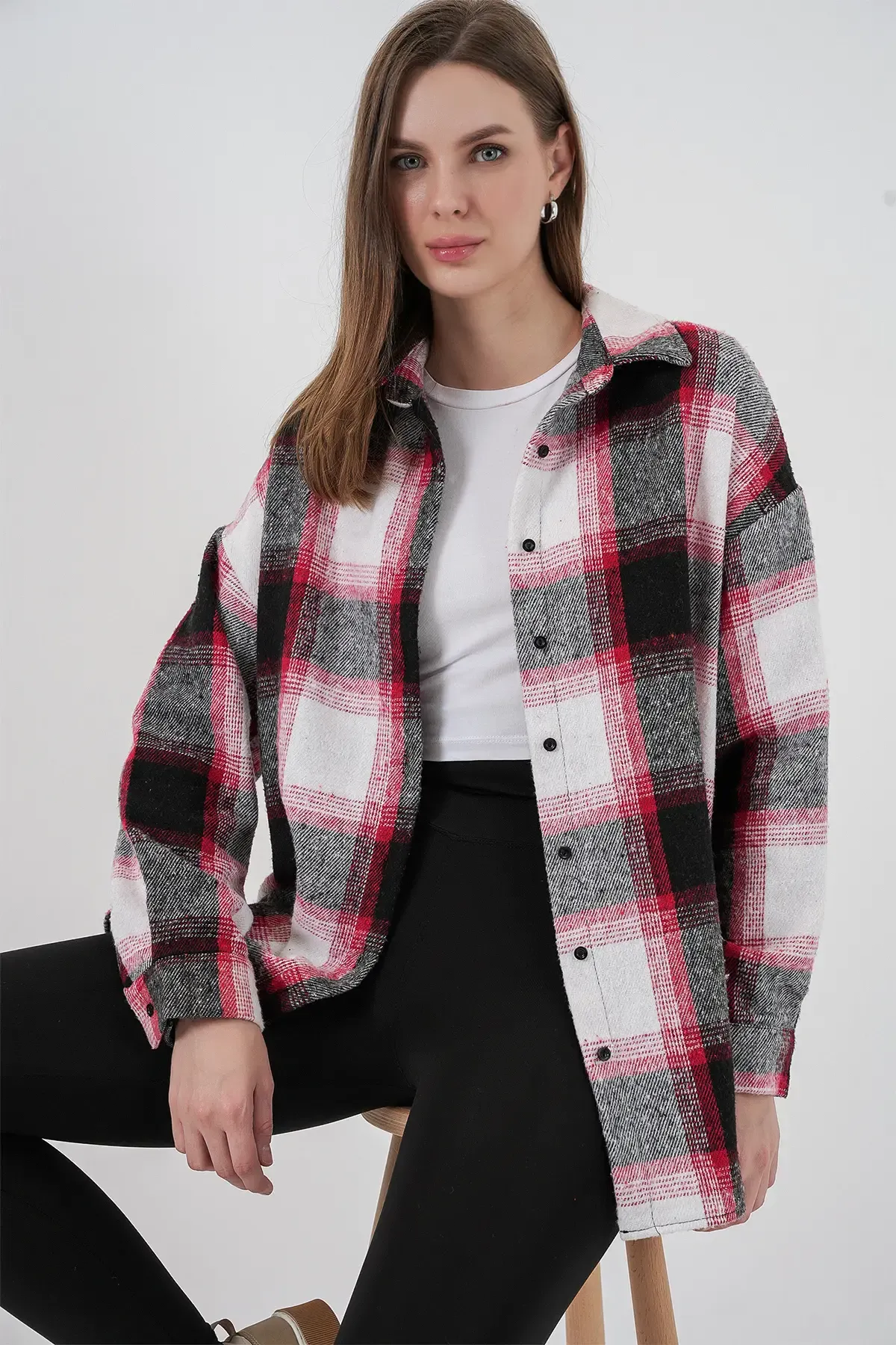 Kadın Ekose Desen Oversize Oduncu Gömlek 3854 Kiremit