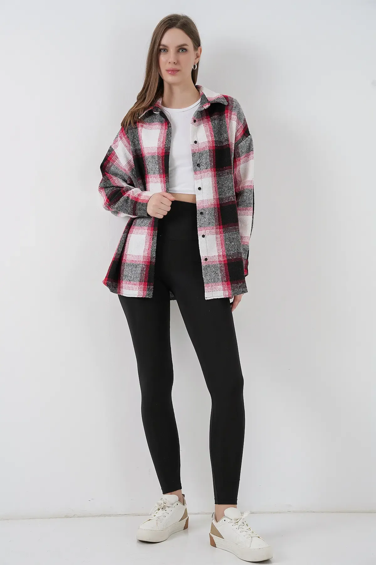 Kadın Ekose Desen Oversize Oduncu Gömlek 3854 Kiremit