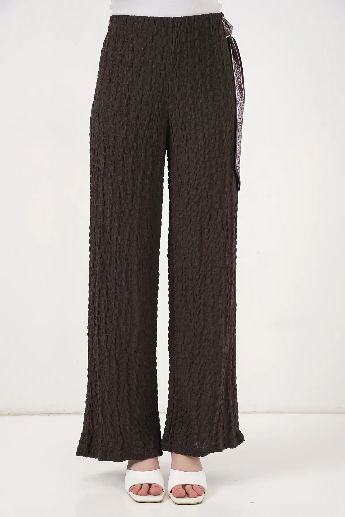 Kadın Fularlı Örme Pantolon 30070 - Kahverengi