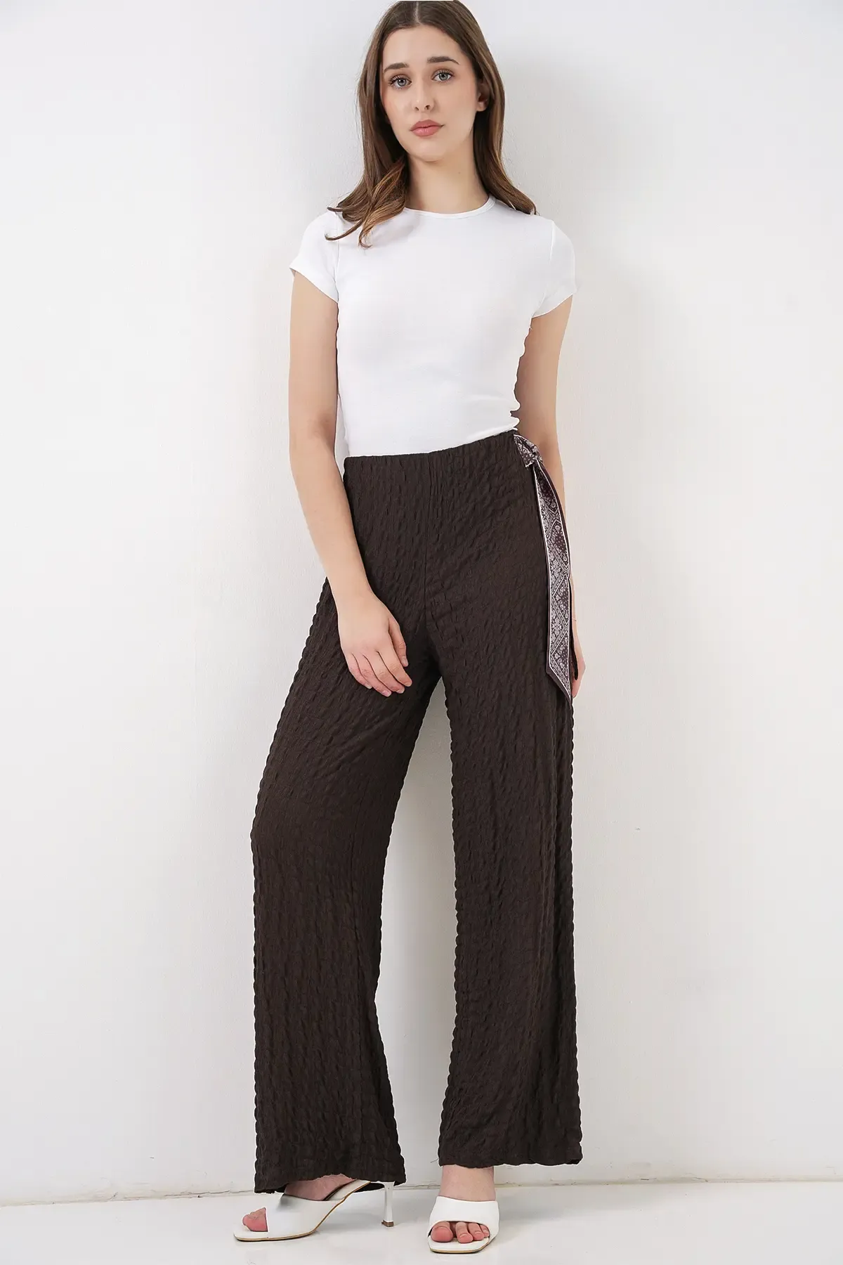 Kadın Fularlı Örme Pantolon 30070 - Kahverengi