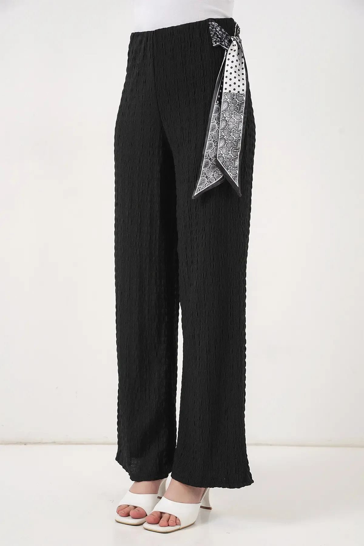 Kadın Fularlı Örme Pantolon 30070 - Siyah