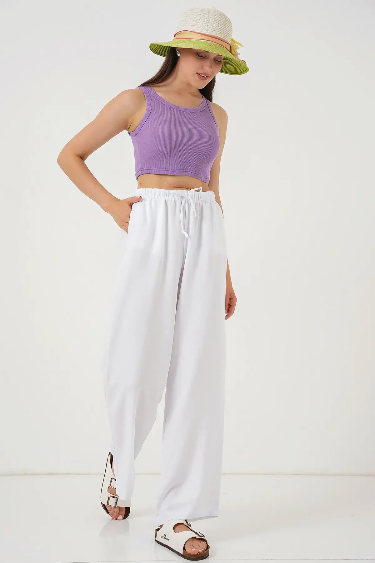 Kadın Geniş Paça Keten Pantolon 6735 - Beyaz