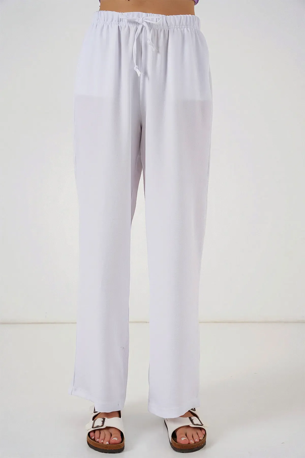 Kadın Geniş Paça Keten Pantolon 6735 - Beyaz