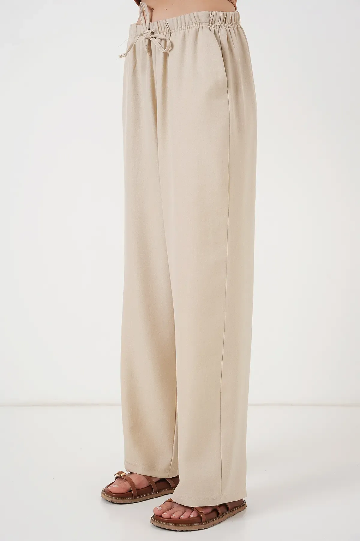 Kadın Geniş Paça Keten Pantolon 6735 - Krem