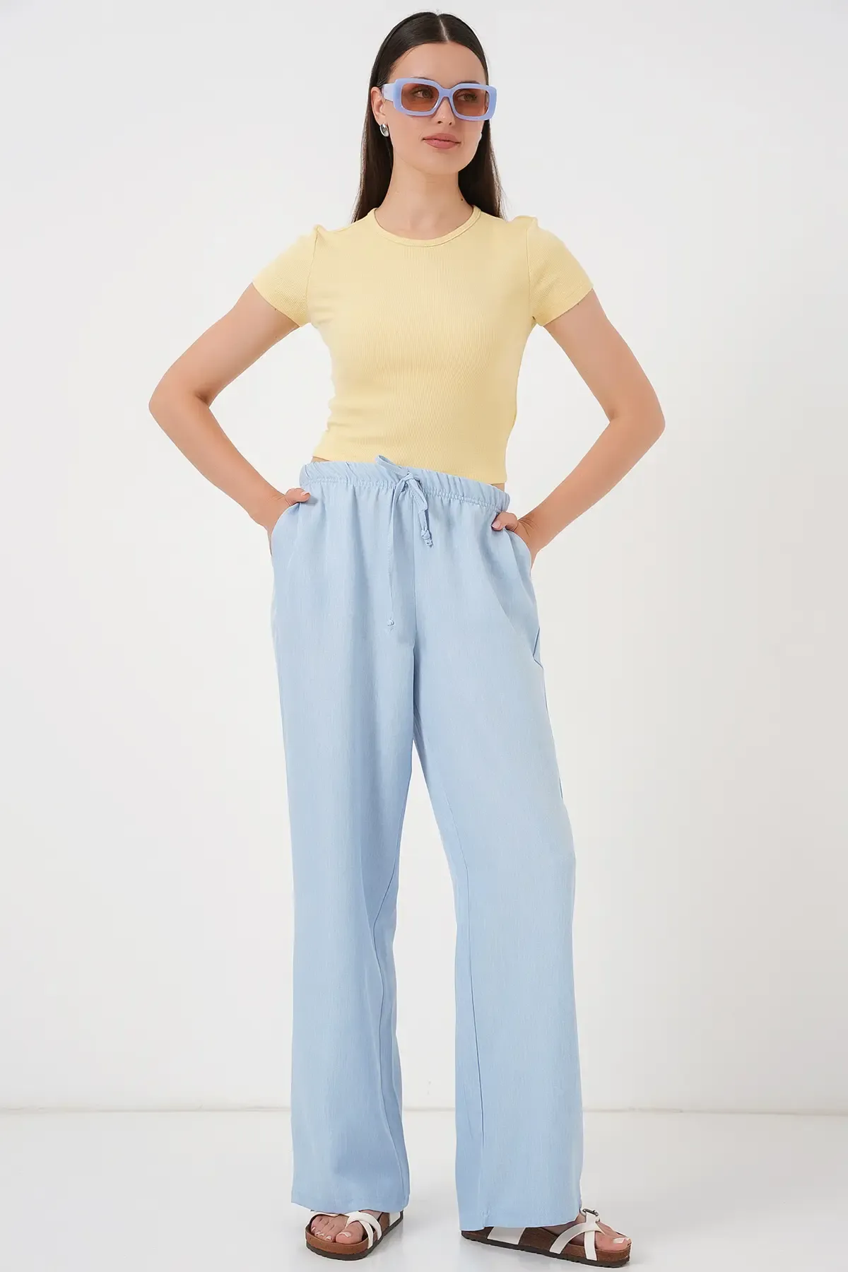 Kadın Geniş Paça Keten Pantolon 6735 - Mavi