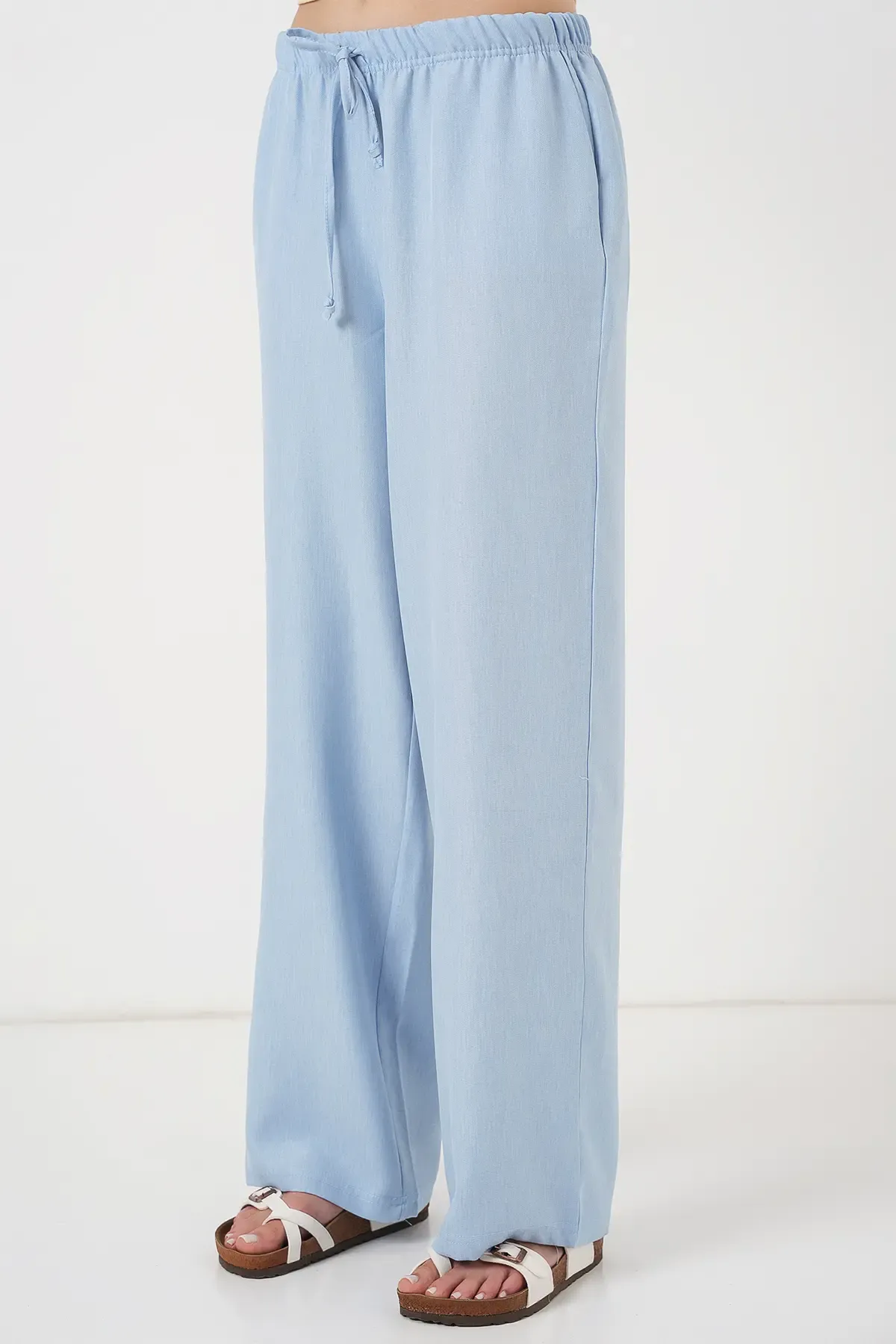 Kadın Geniş Paça Keten Pantolon 6735 - Mavi