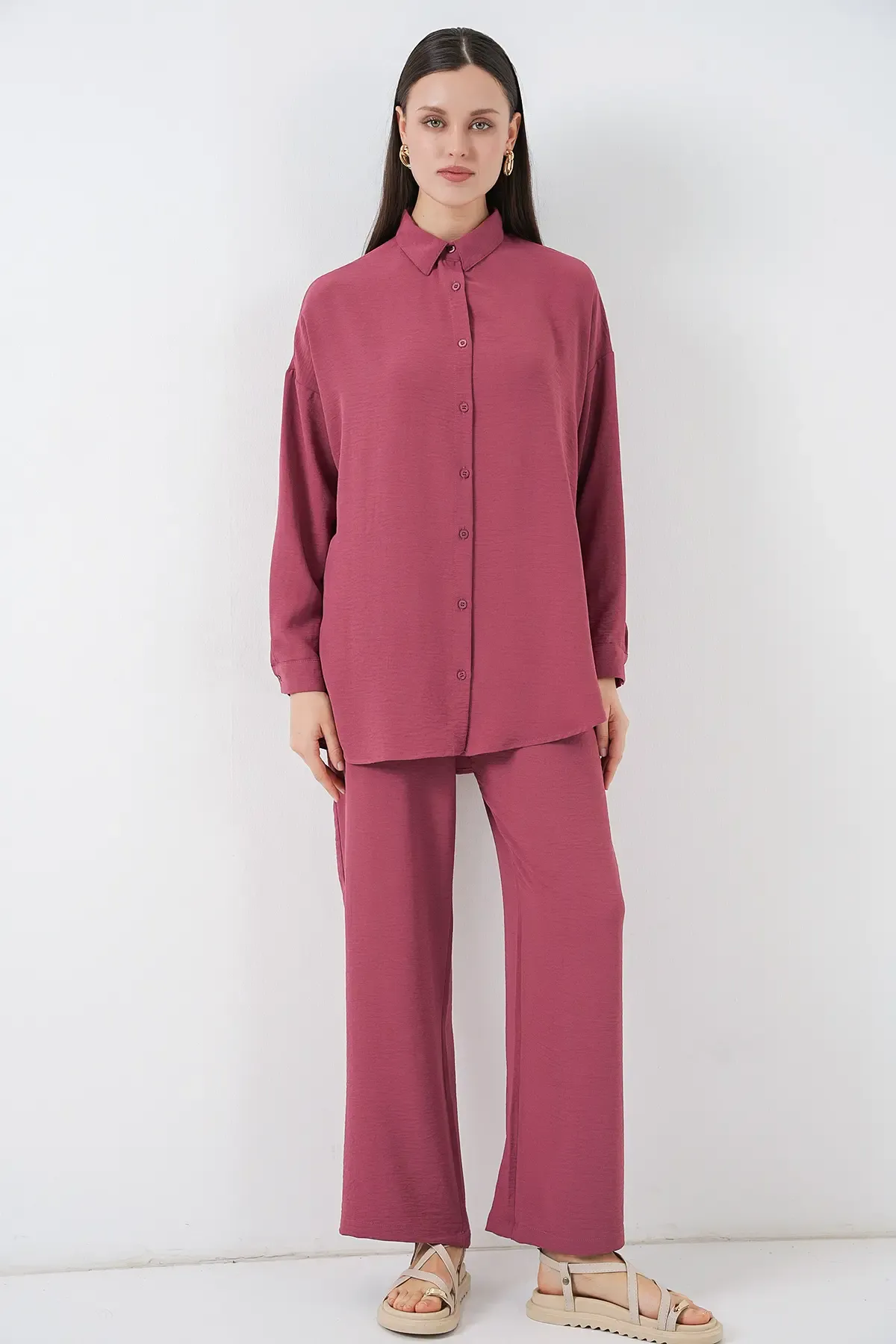 Kadın Gömlek Pantolon İkili Takım 30063 - Gül Kurusu