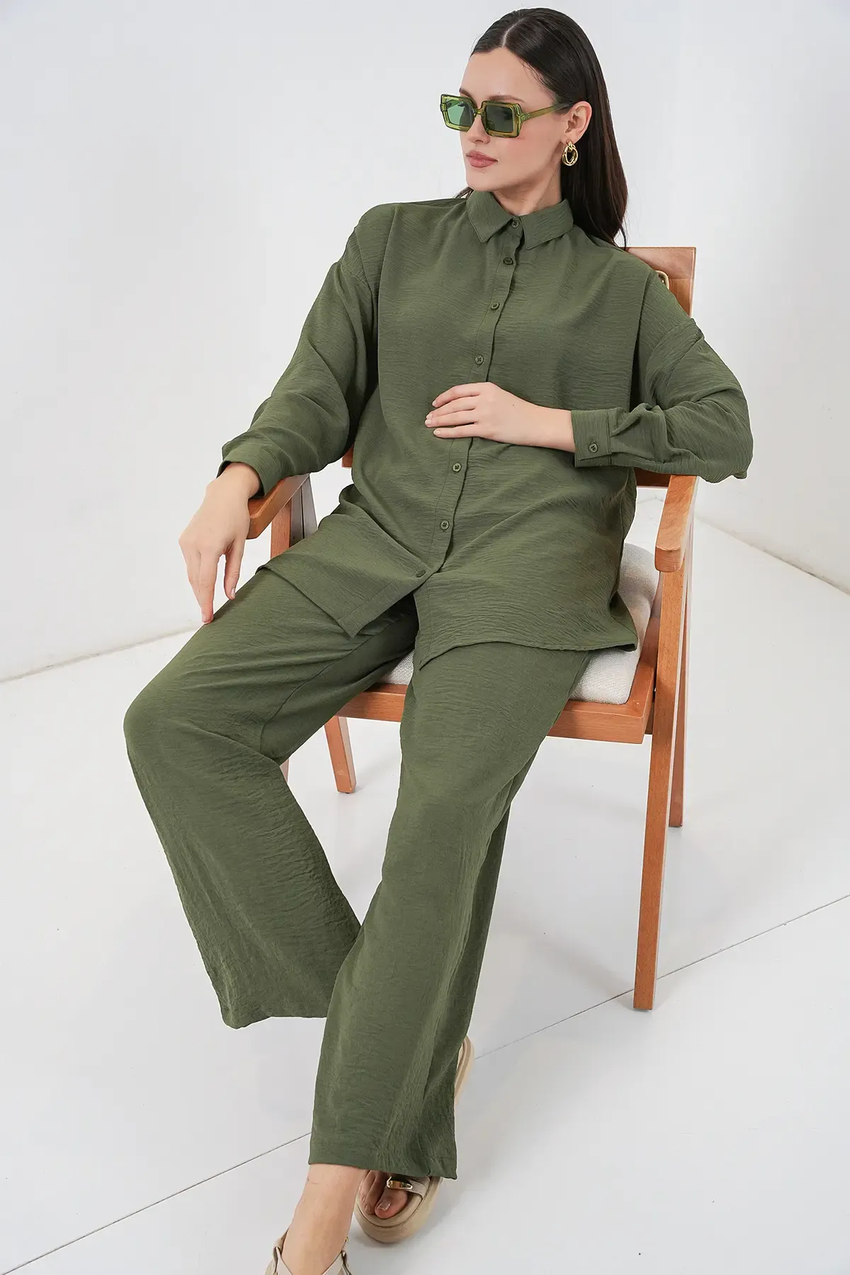 Kadın Gömlek Pantolon İkili Takım 30063 - Haki