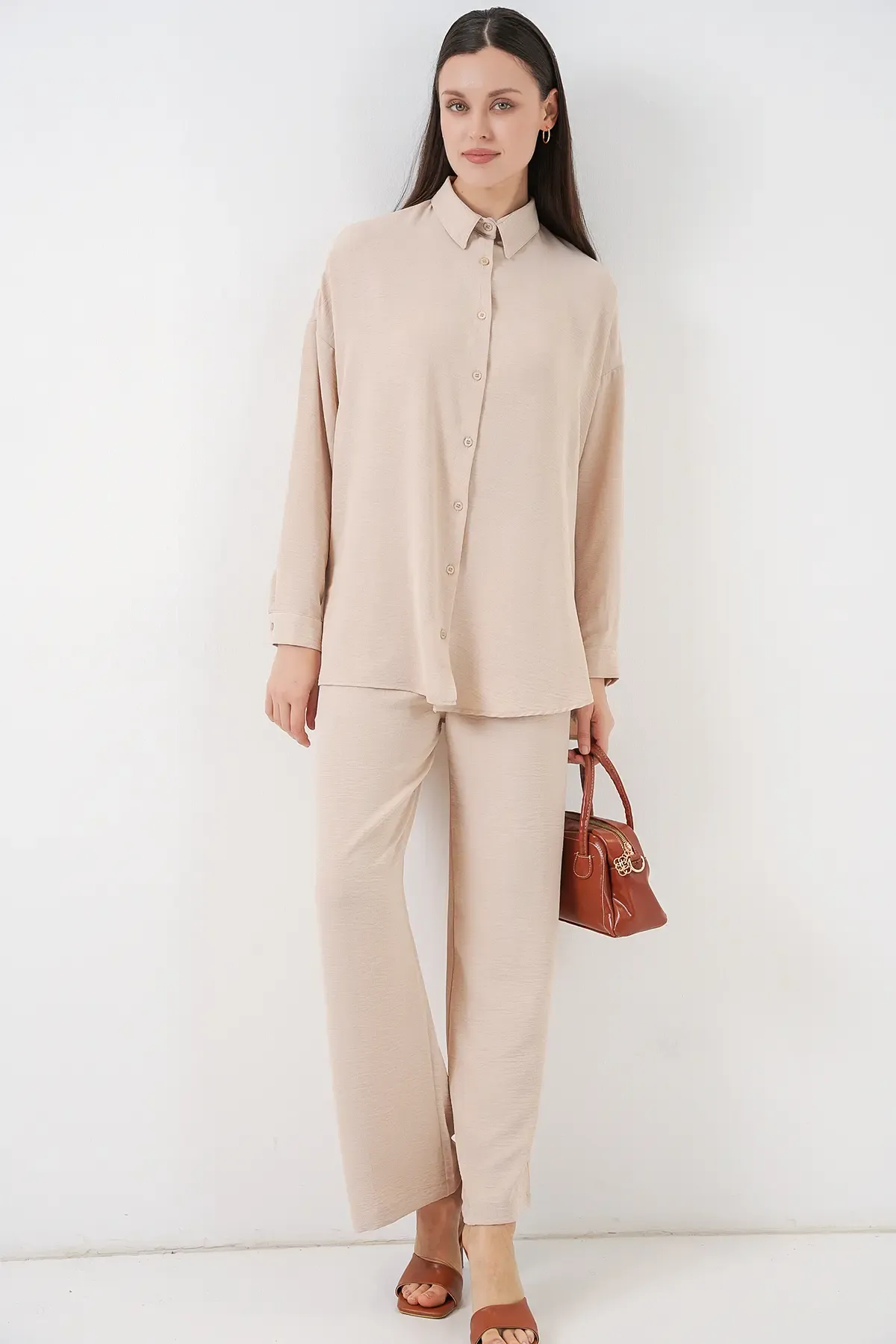 Kadın Gömlek Pantolon İkili Takım 30063 - Krem