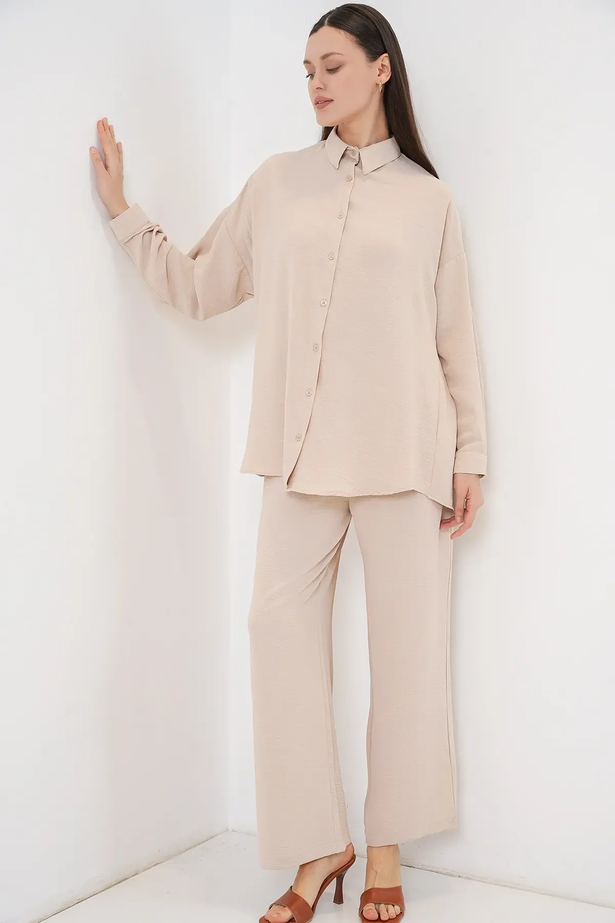 Kadın Gömlek Pantolon İkili Takım 30063 - Krem