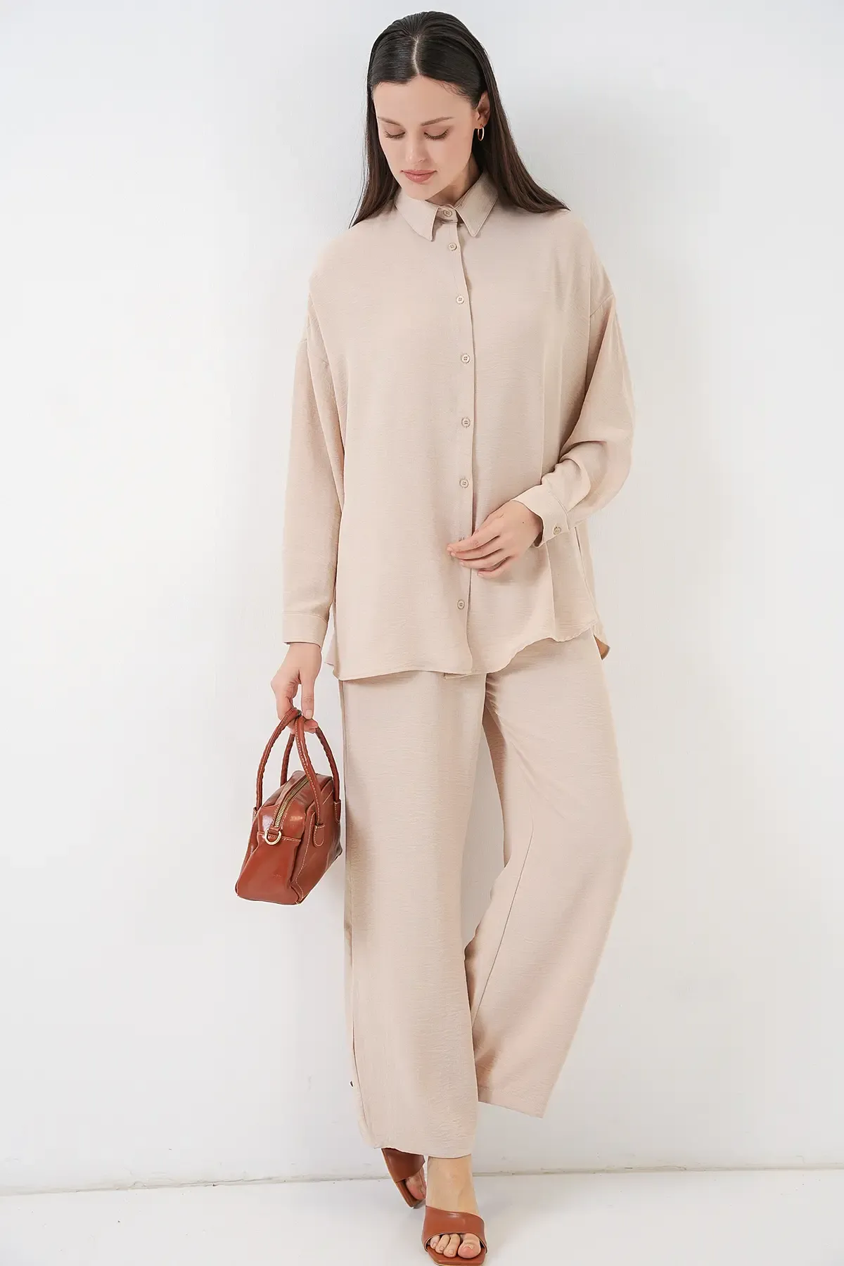 Kadın Gömlek Pantolon İkili Takım 30063 - Krem