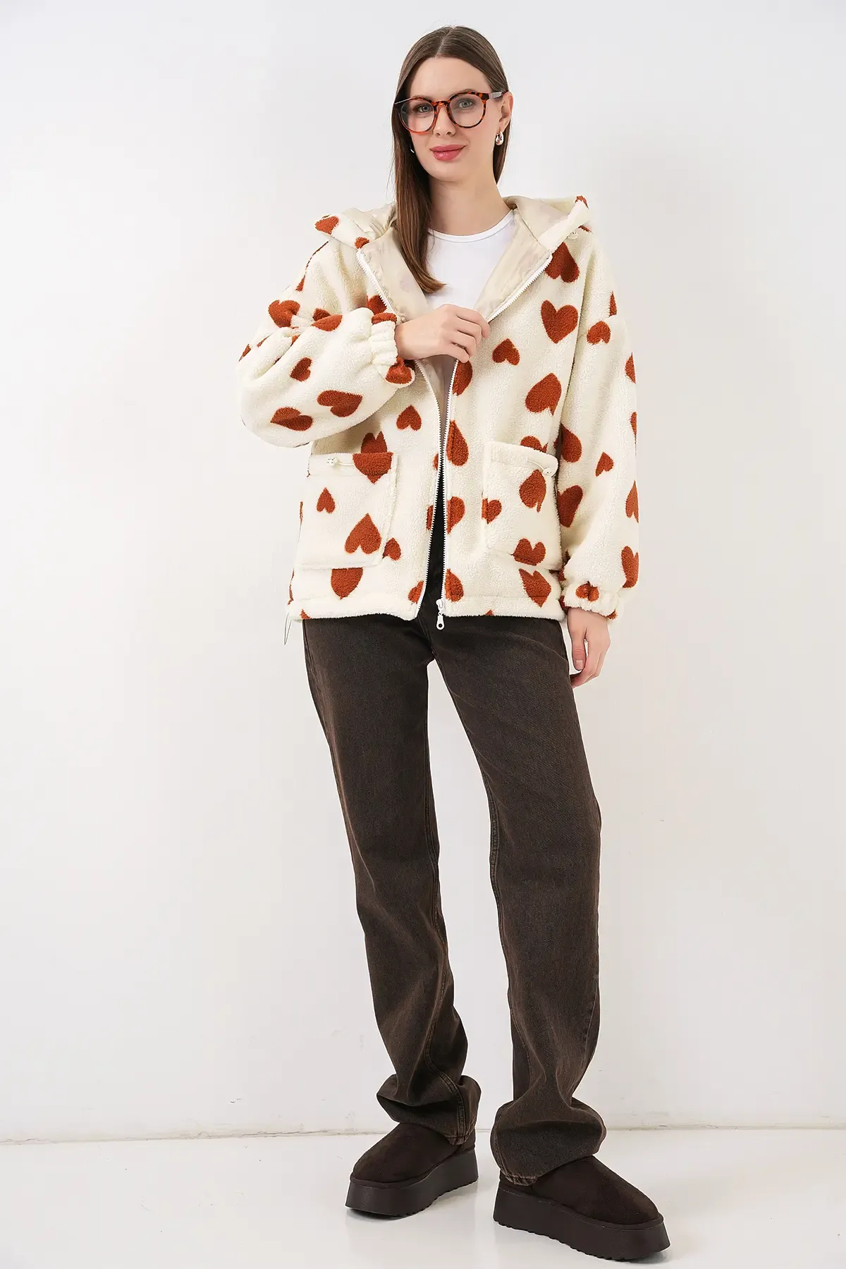 Kadın Kapüşonlu Peluş Ceket 5236 - Taba