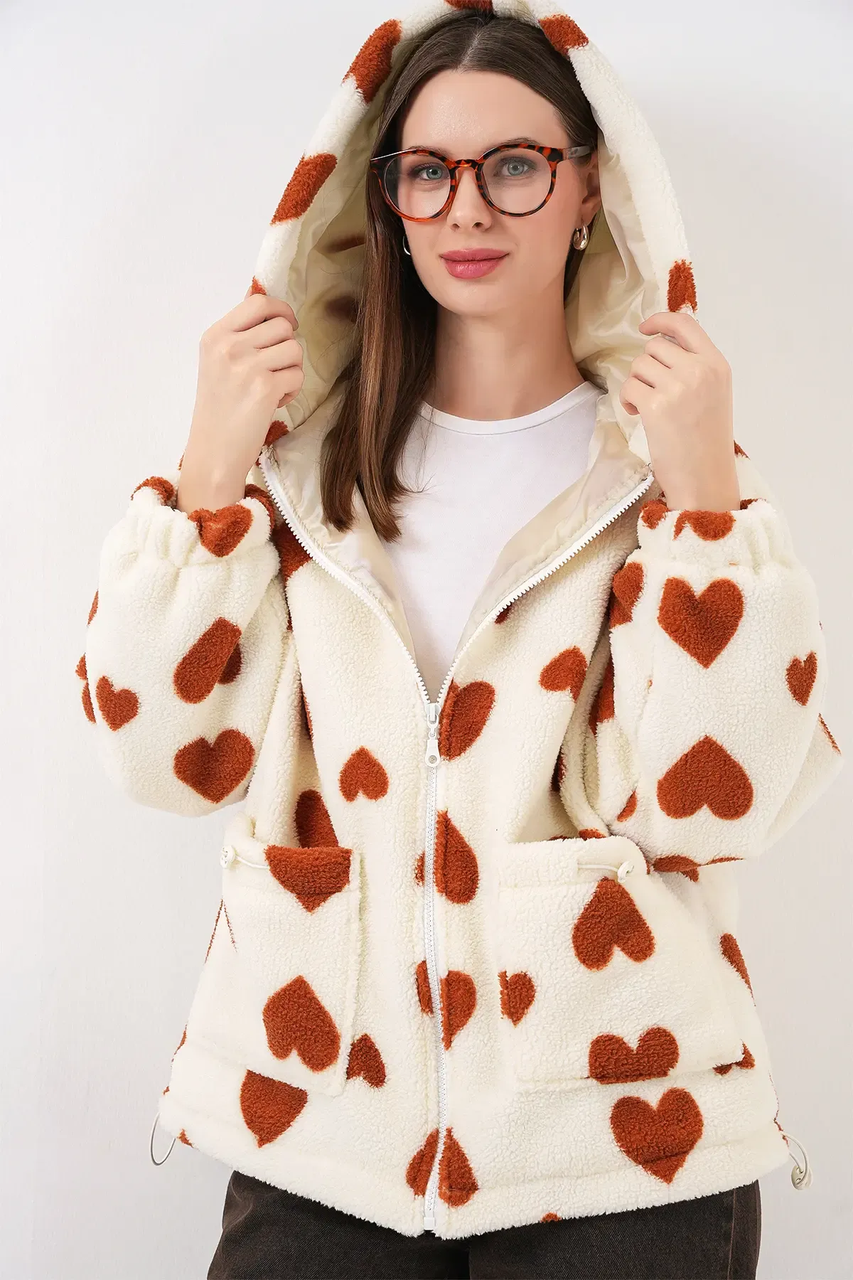 Kadın Kapüşonlu Peluş Ceket 5236 - Taba