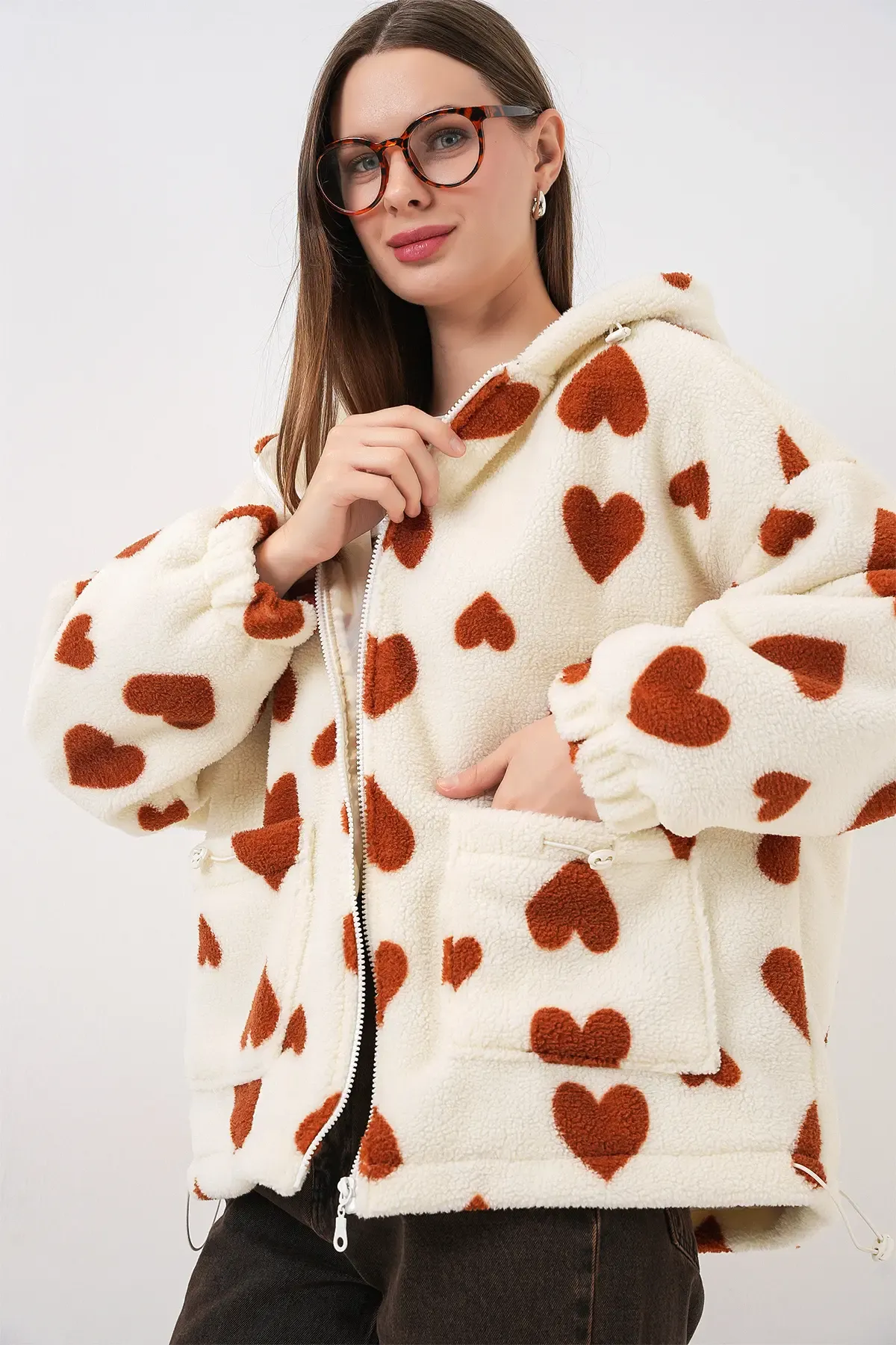 Kadın Kapüşonlu Peluş Ceket 5236 - Taba