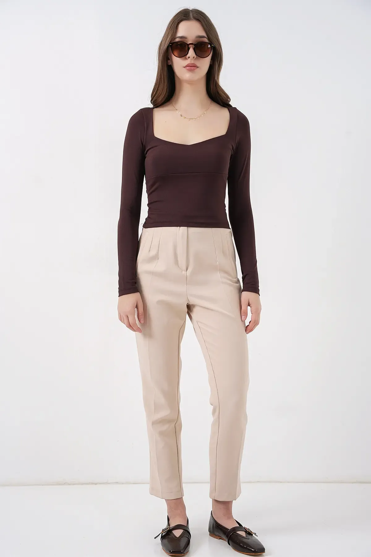 Kadın Kare Yaka Slim Fit Bluz 986 - Kahverengi