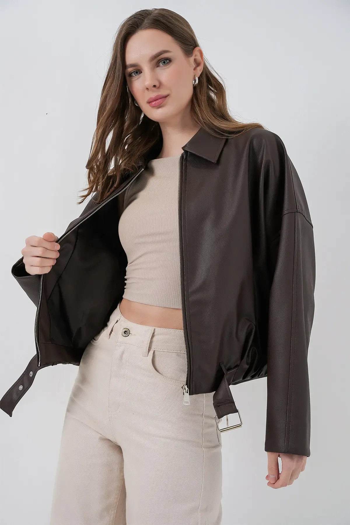 Kadın Kemer Detaylı Deri Ceket 1056 - Kahverengi