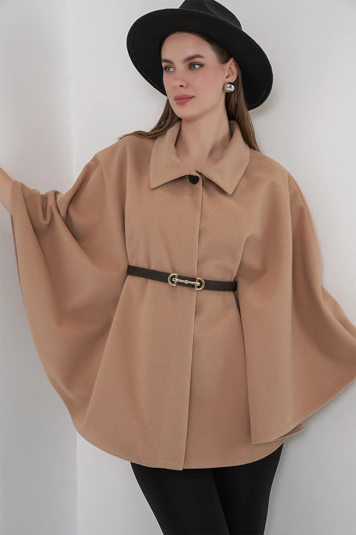 Kadın Kemerli Kaşe Panço 9170 - Camel