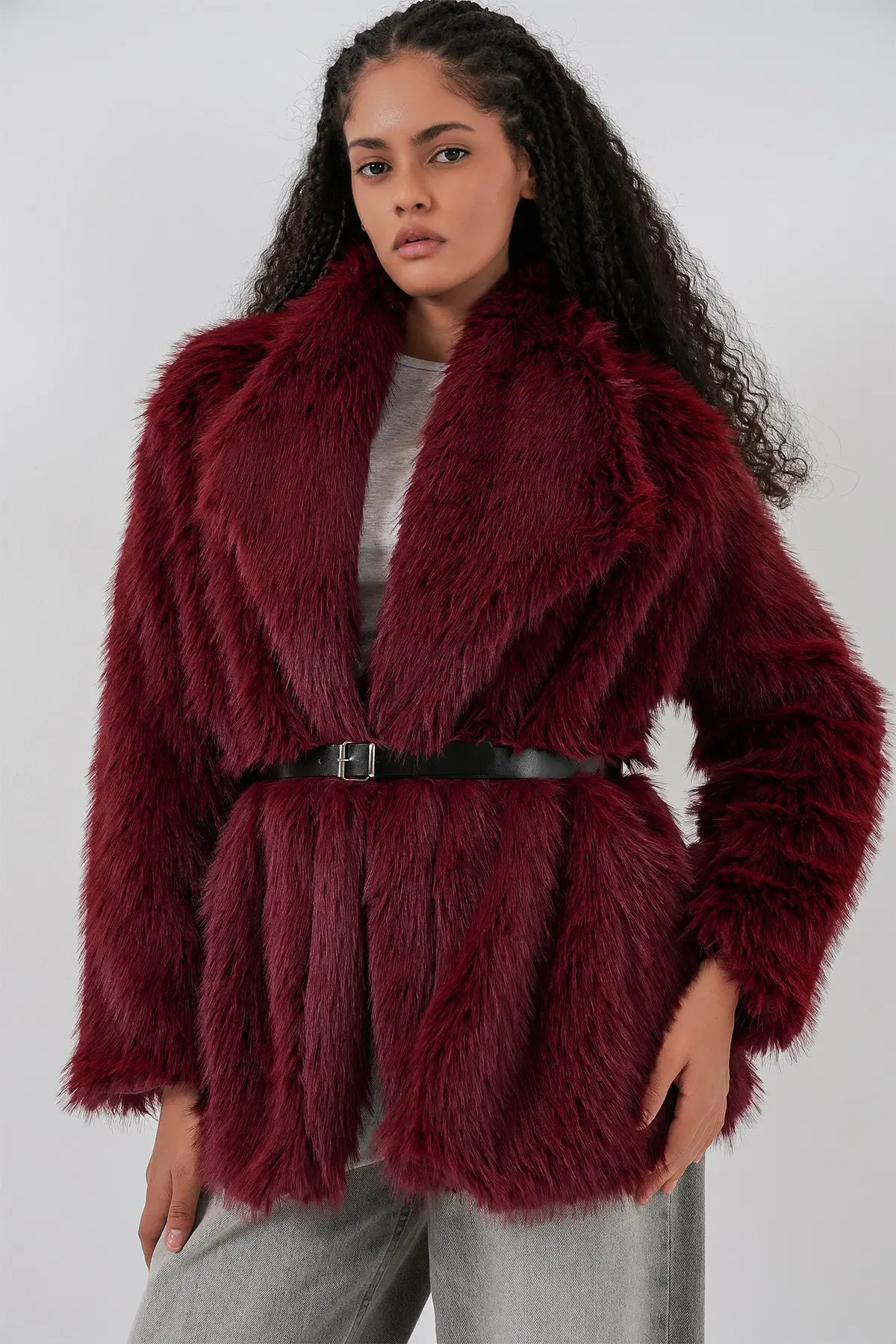 Kadın Kemerli Oversize Kürklü Kaban 9156 - Bordo