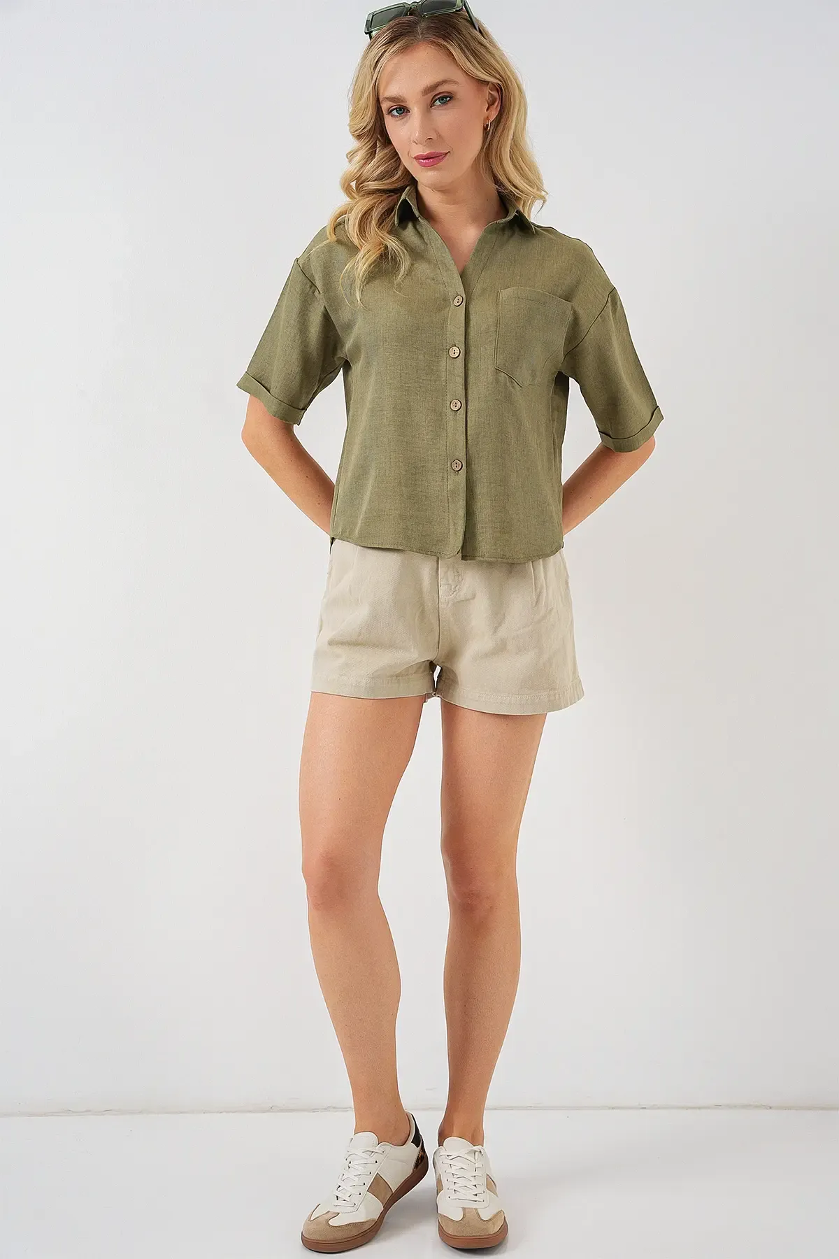 Kadın Keten Görünümlü Crop Gömlek 20339 - Çağla