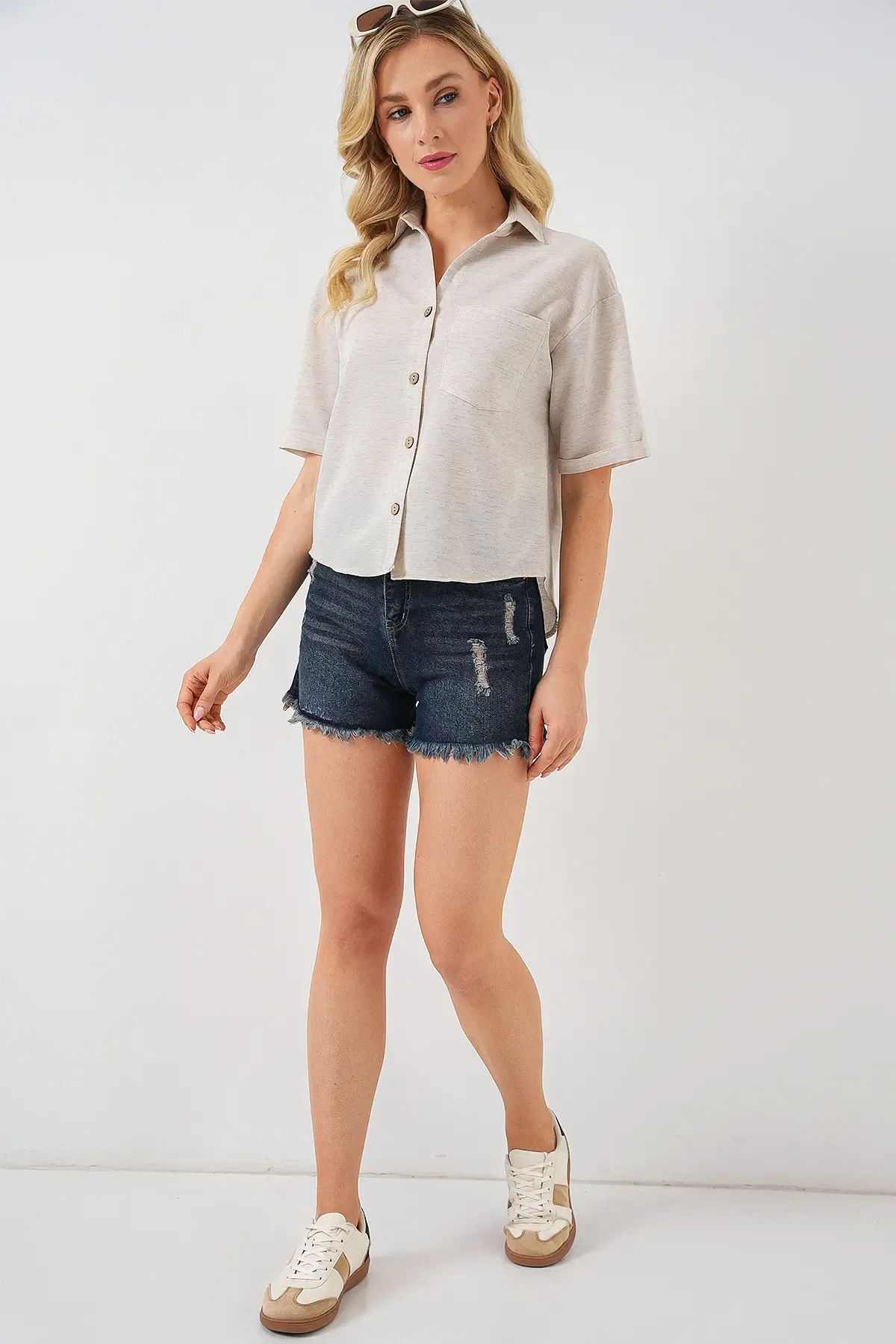 Kadın Keten Görünümlü Crop Gömlek 20339 - Krem