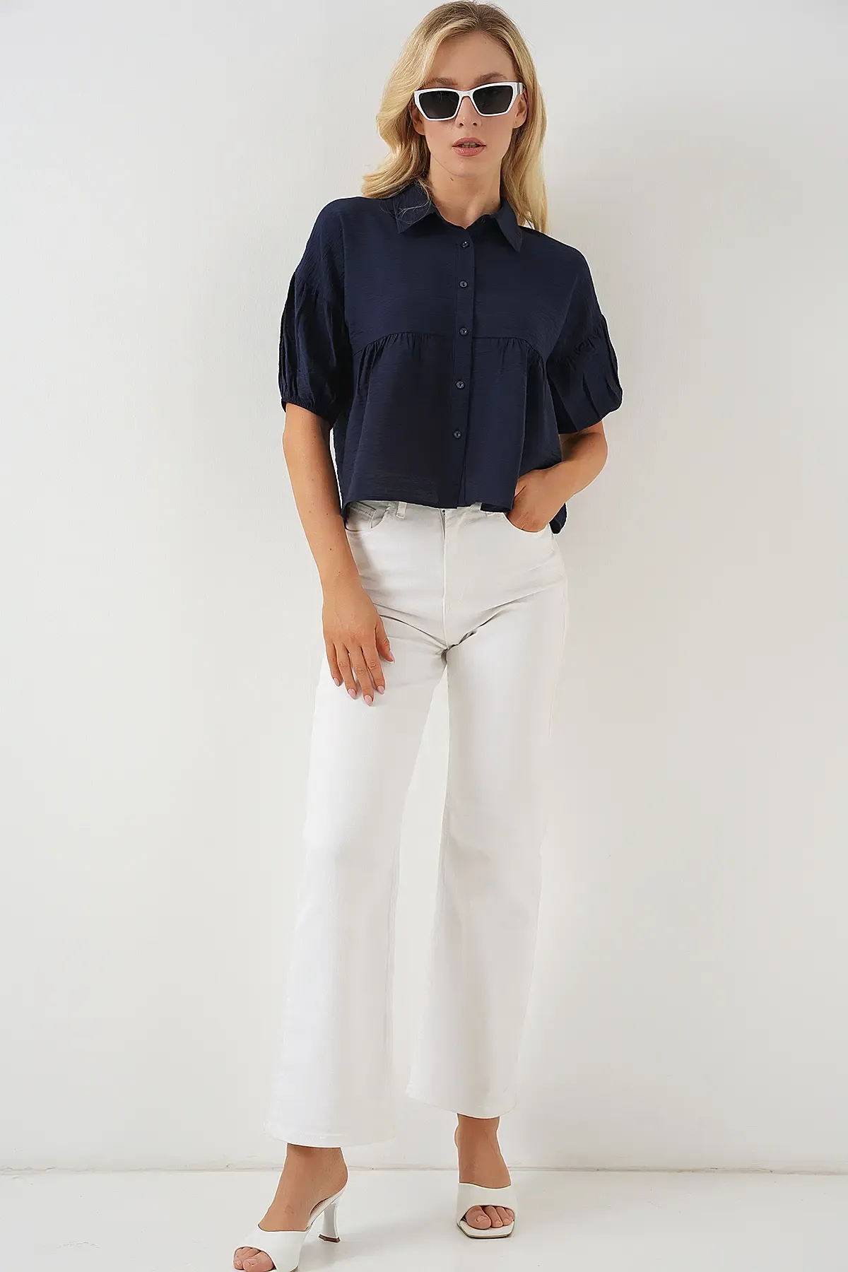 Kadın Kısa Kol Crop Gömlek 20335 - Lacivert