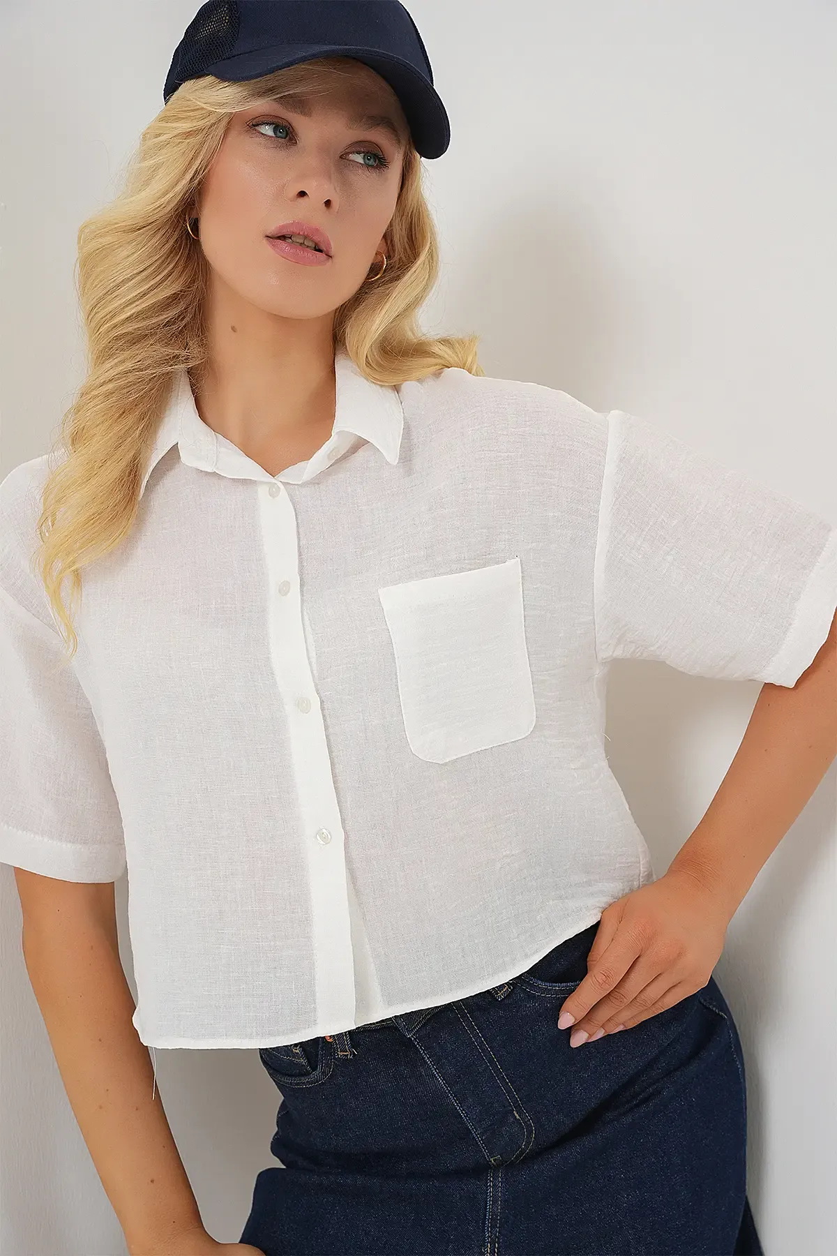 Kadın Kısa Kol Crop Gömlek 20341 - Beyaz