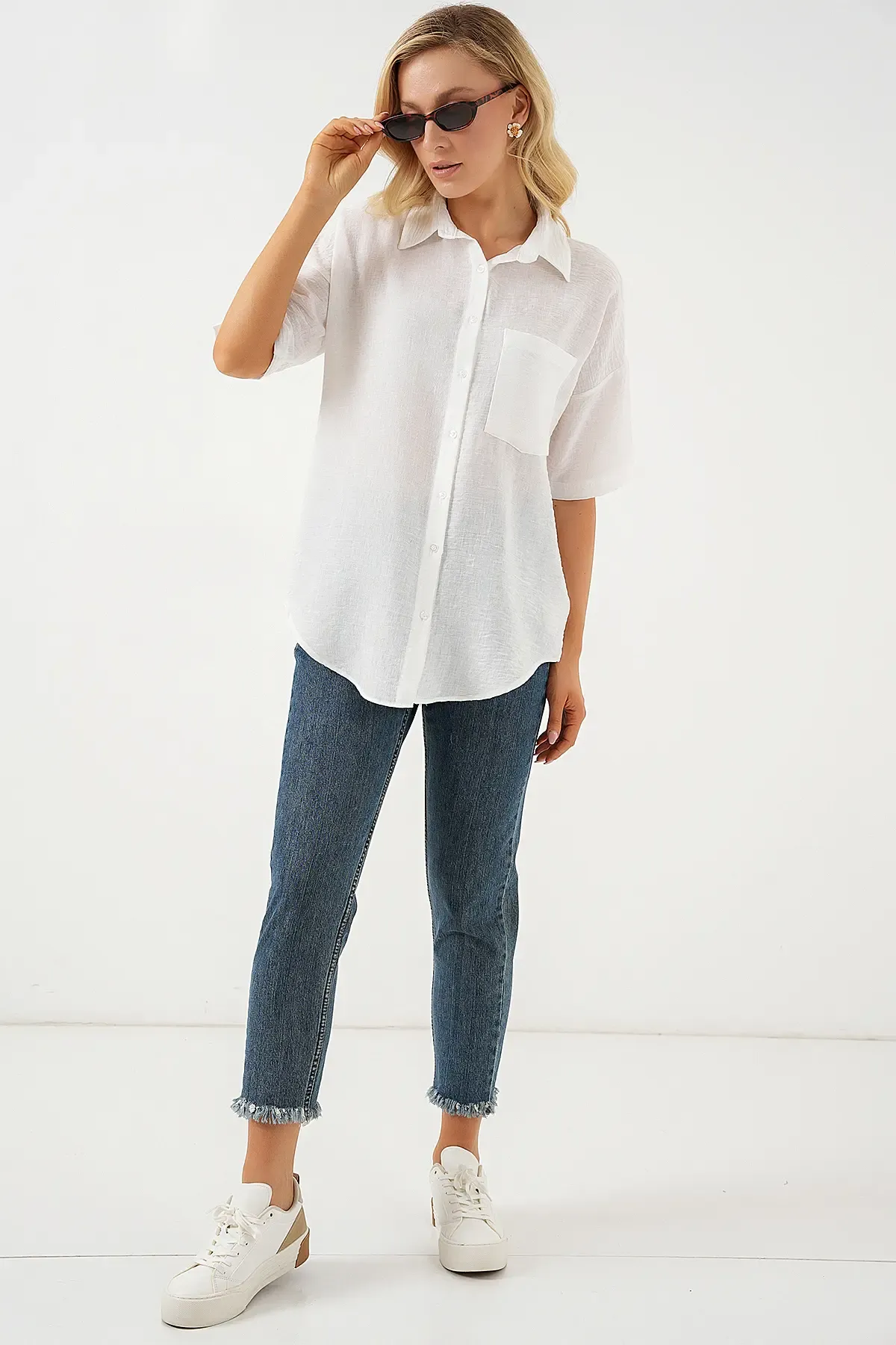 Kadın Kısa Kol Keten Görünümlü Gömlek 20336 - Beyaz