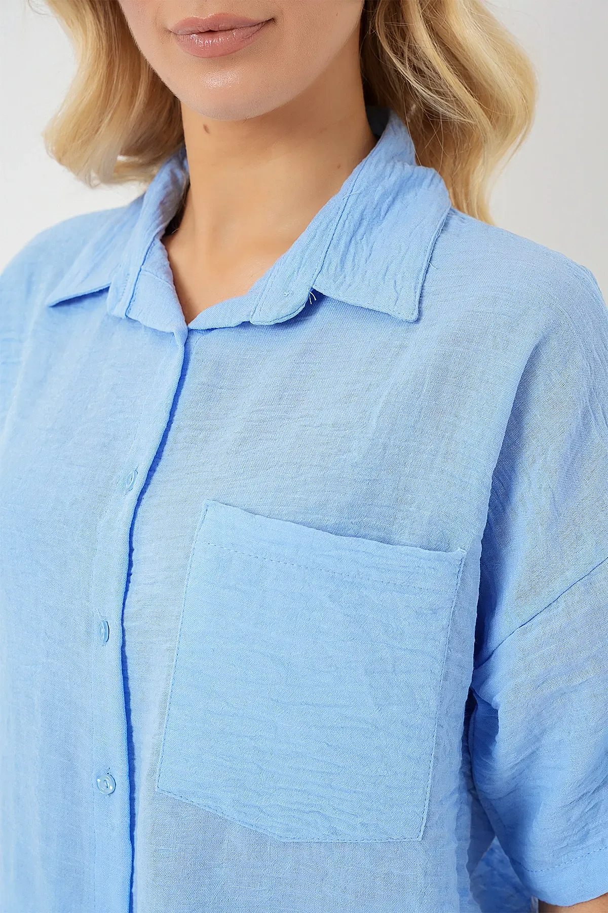 Kadın Kısa Kol Keten Görünümlü Gömlek 20336 - Mavi