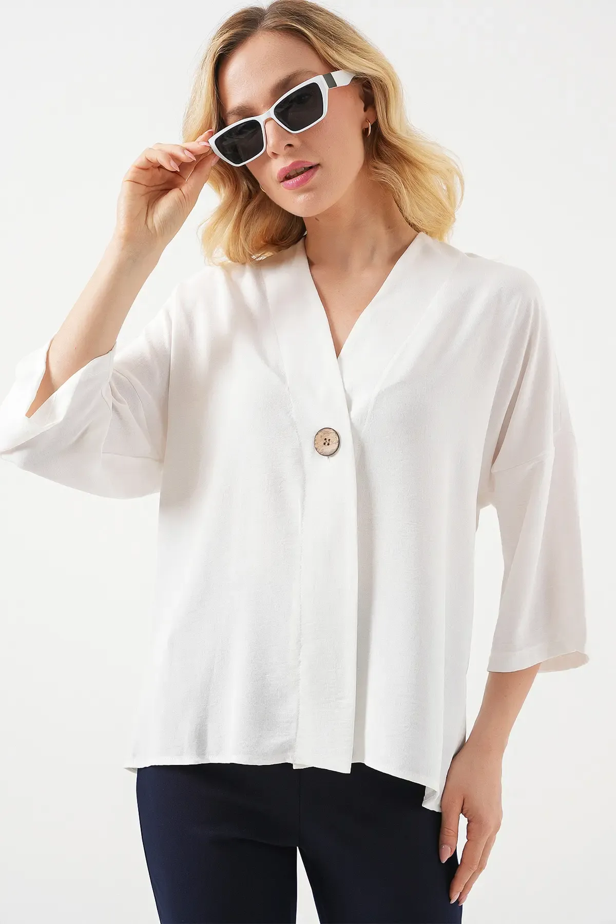 Kadın Kısa Kol Oversize Kimono 5969 - Beyaz