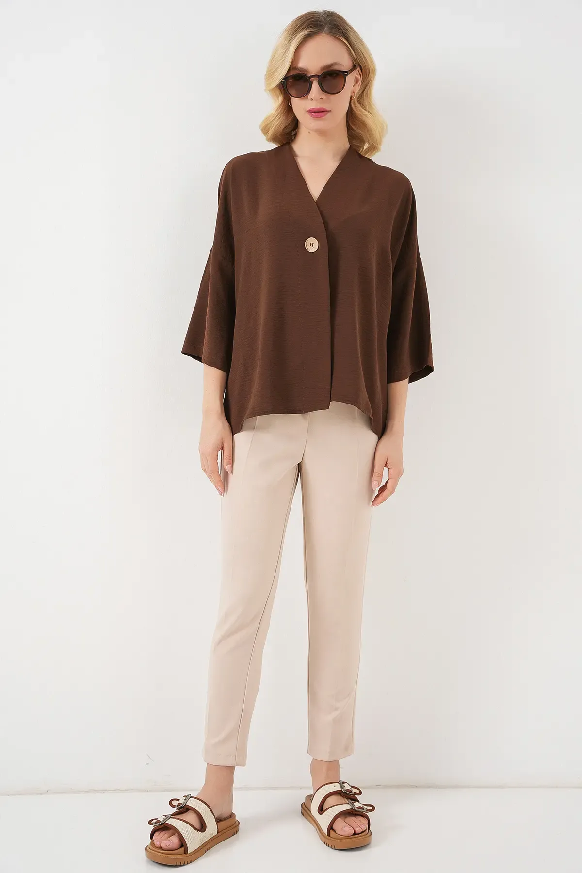 Kadın Kısa Kol Oversize Kimono 5969 - Kahverengi