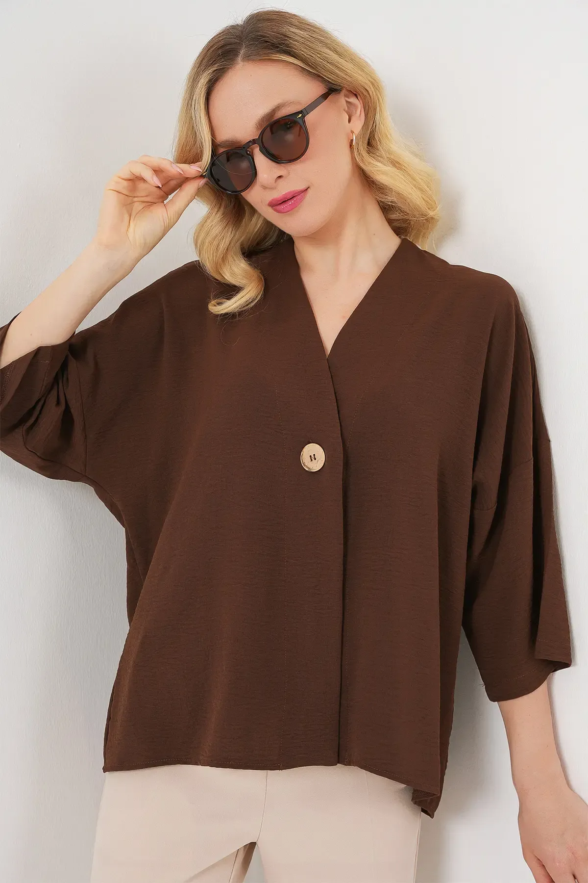Kadın Kısa Kol Oversize Kimono 5969 - Kahverengi