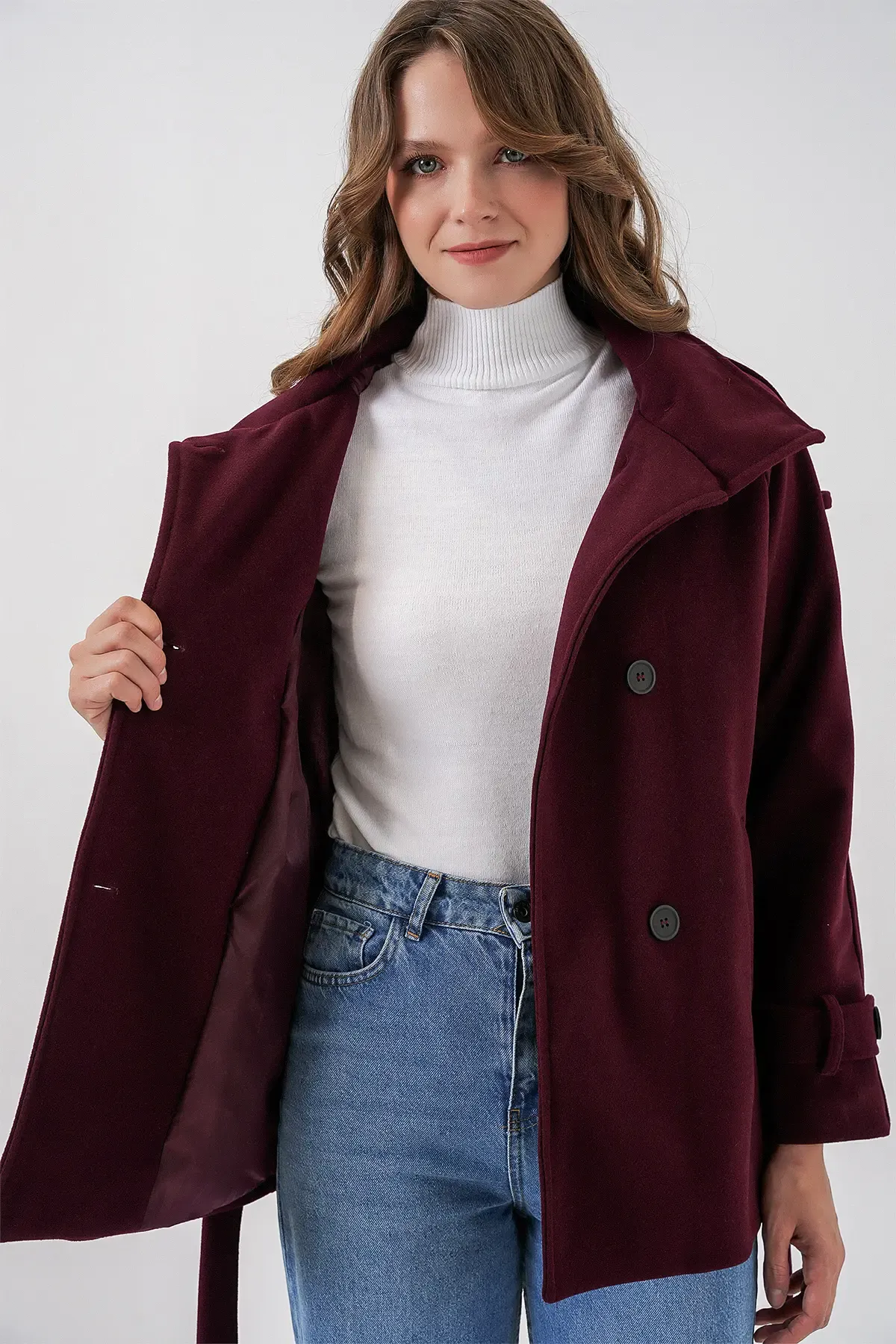 Kadın Kuşaklı Kaşe Kaban 9162 - Bordo