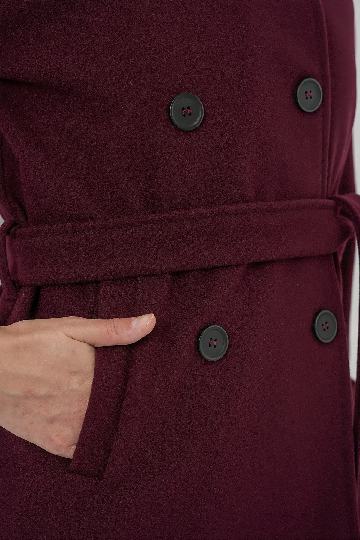 Kadın Kuşaklı Kaşe Kaban 9162 - Bordo