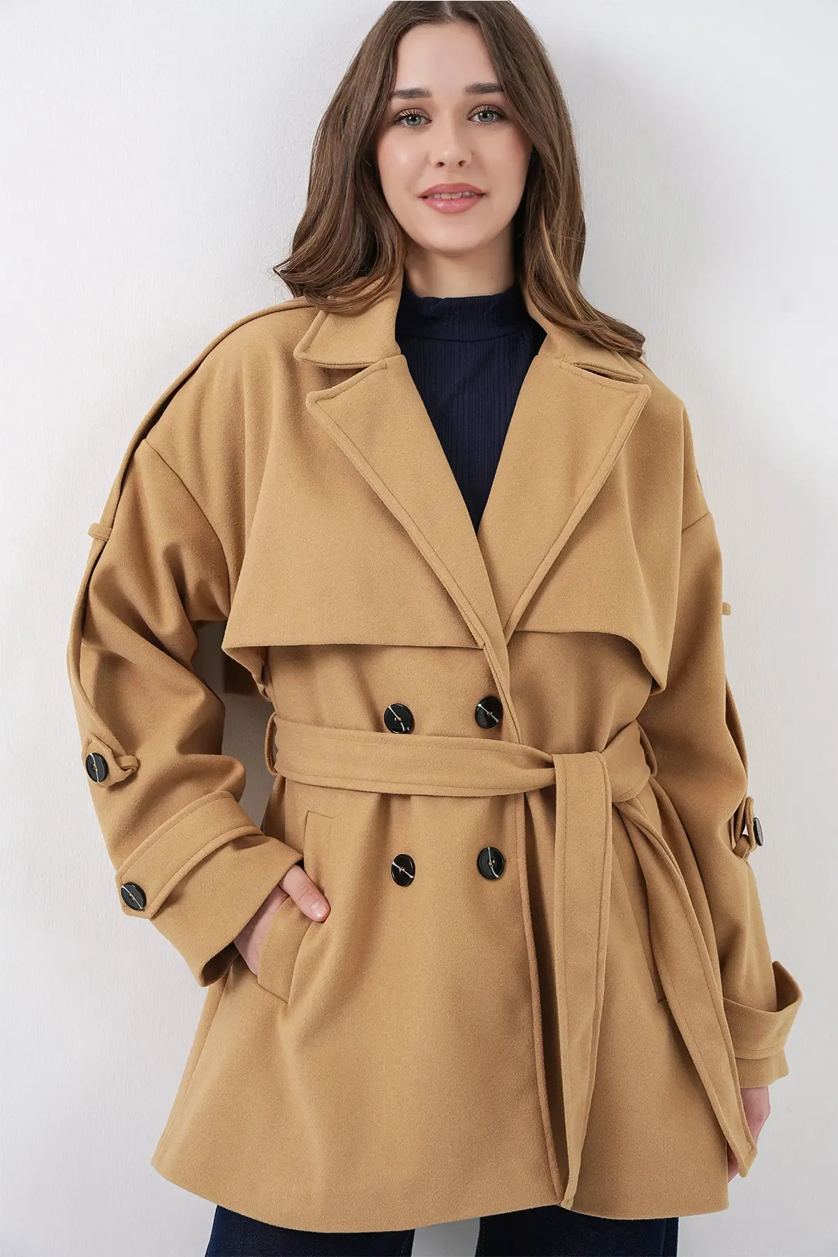 Kadın Kuşaklı Oversize Kaşe Kaban 9157 - Hardal