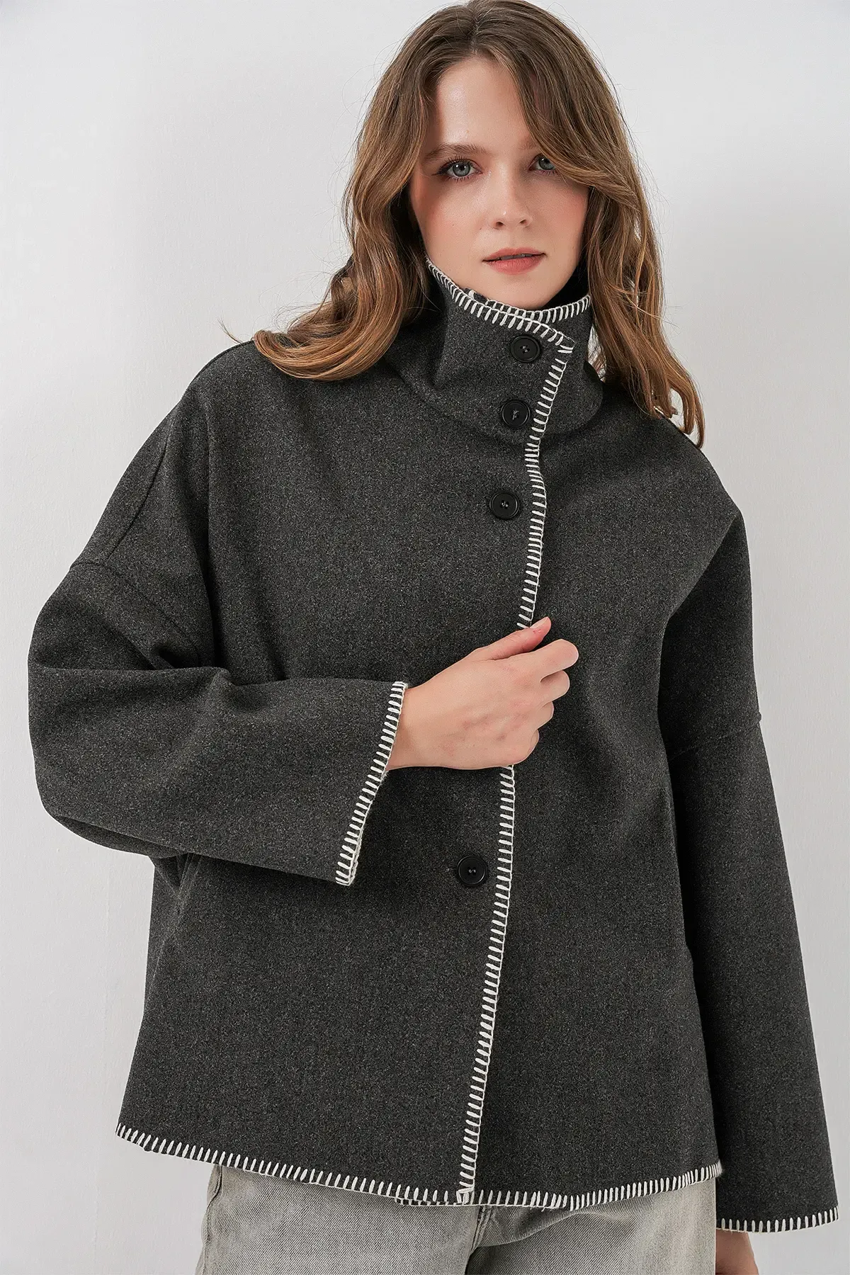 Kadın Nakışlı Kaşe Ceket 9167 - Antrasit