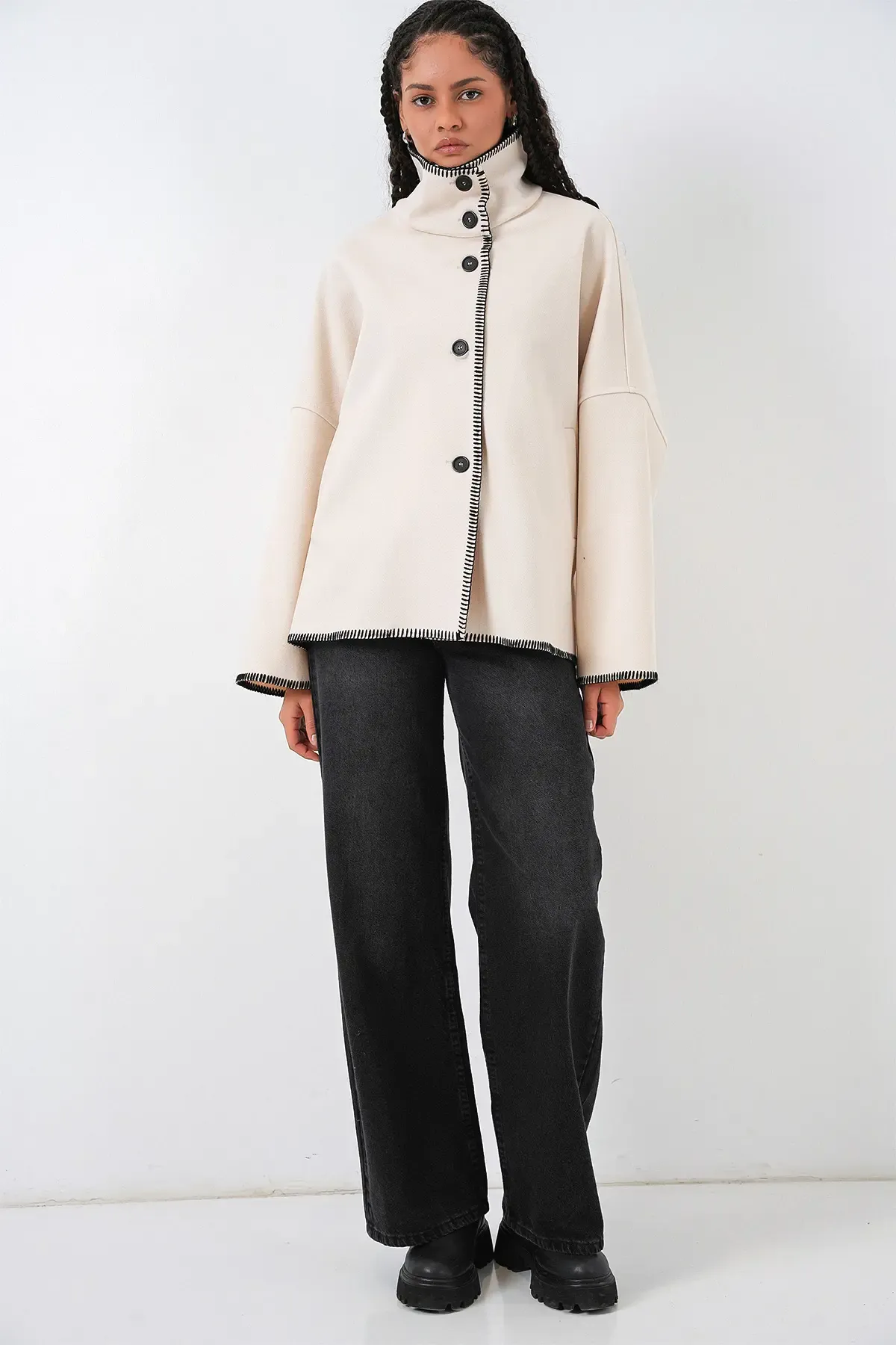 Kadın Nakışlı Kaşe Ceket 9167 - Ekru