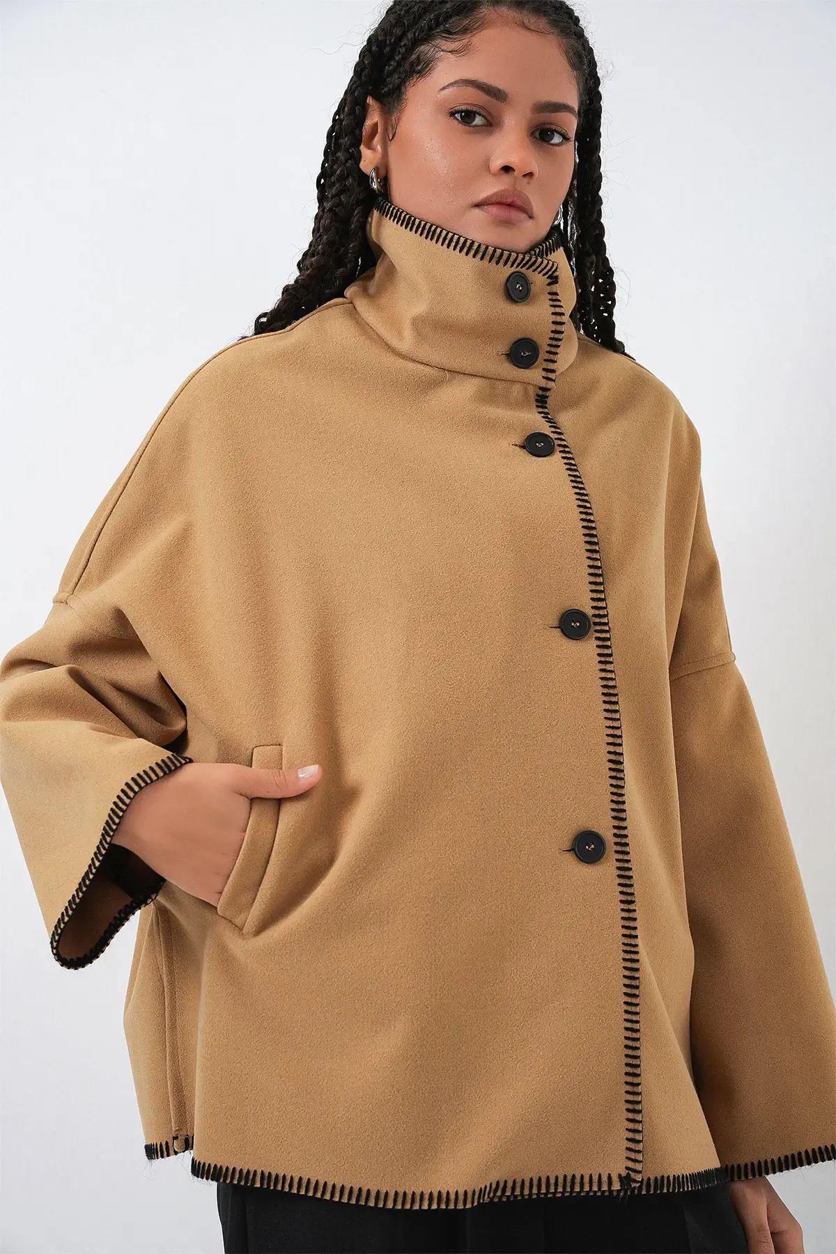 Kadın Nakışlı Kaşe Ceket 9167 - Hardal