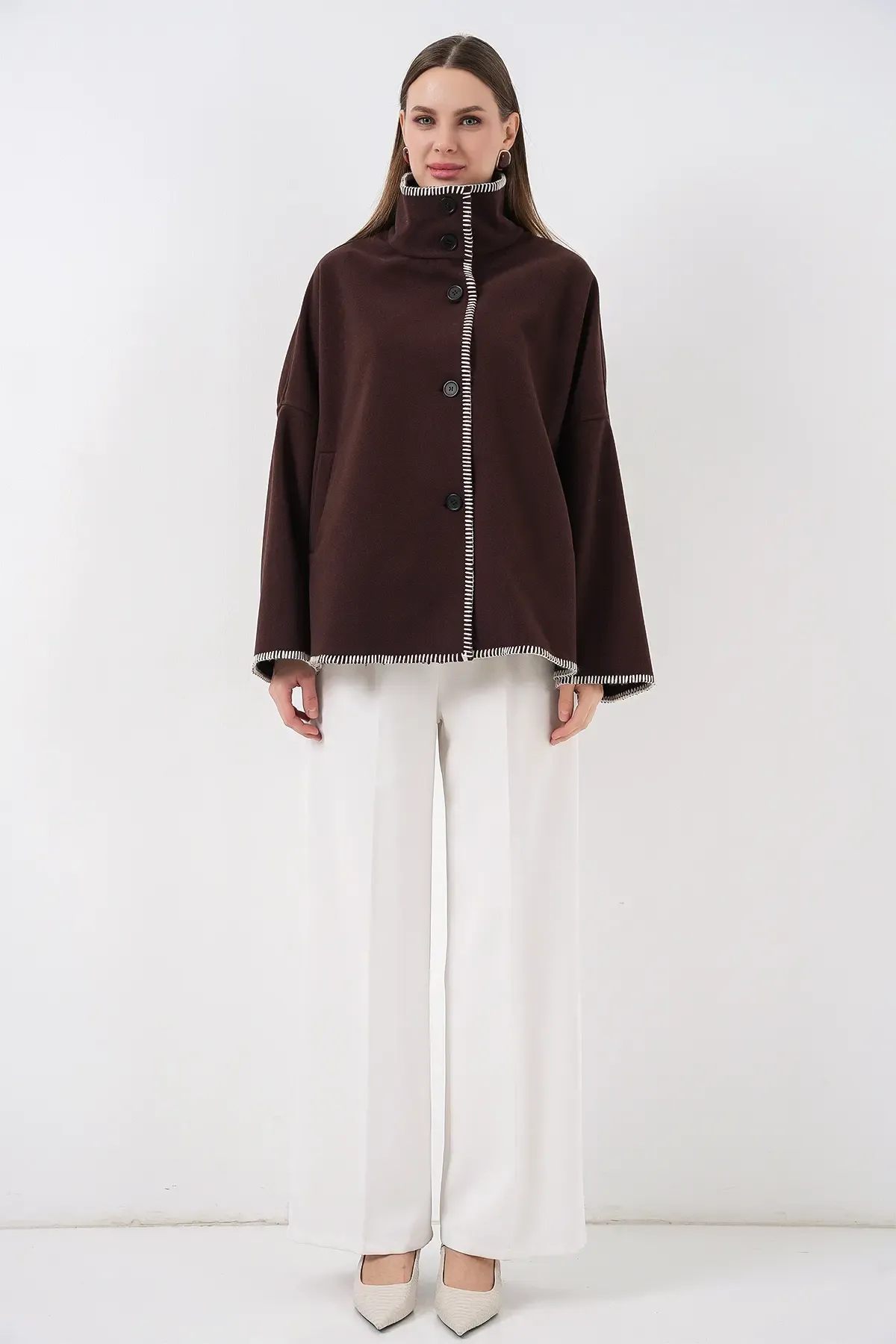 Kadın Nakışlı Kaşe Ceket 9167 - Kahverengi