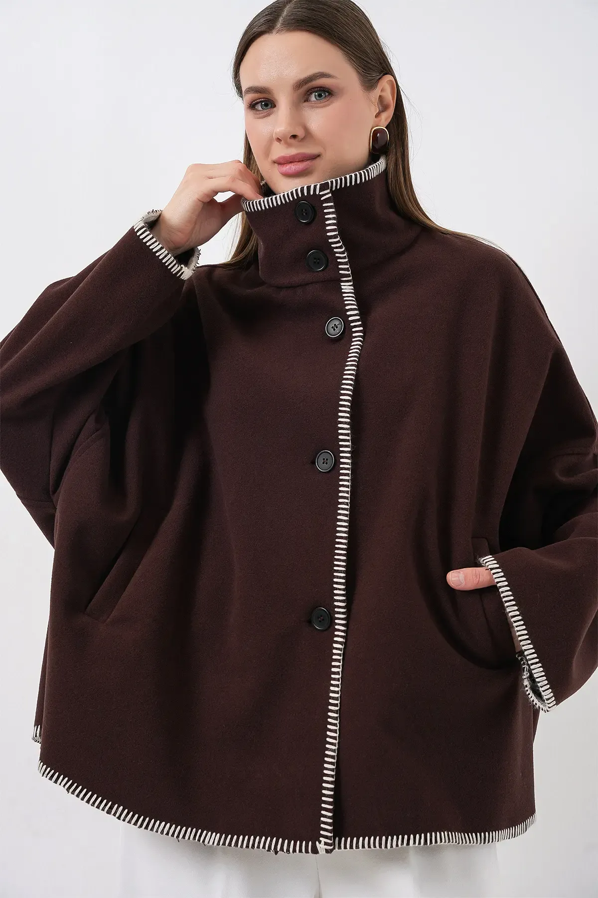 Kadın Nakışlı Kaşe Ceket 9167 - Kahverengi