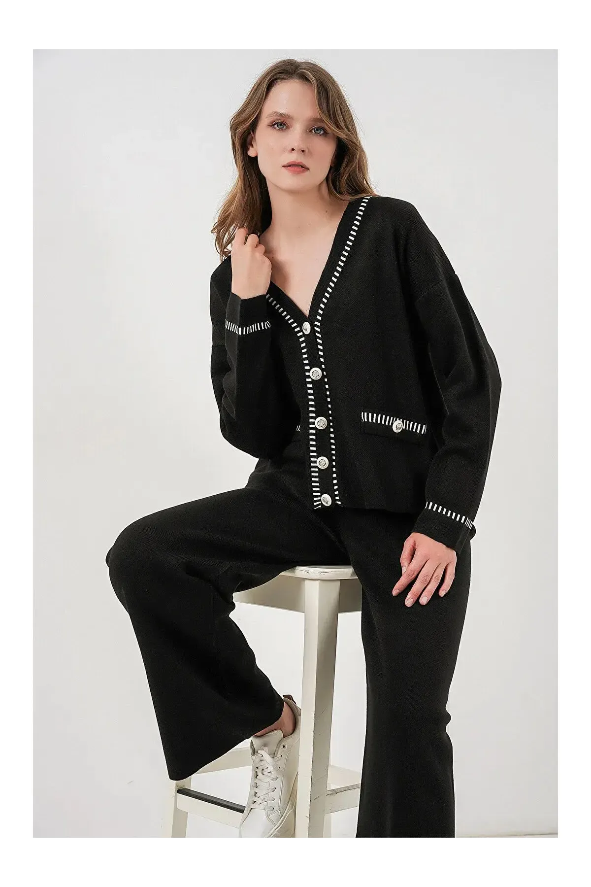 Kadın Nakışlı Triko Hırka Pantolon İkili Takım 15963 - Siyah