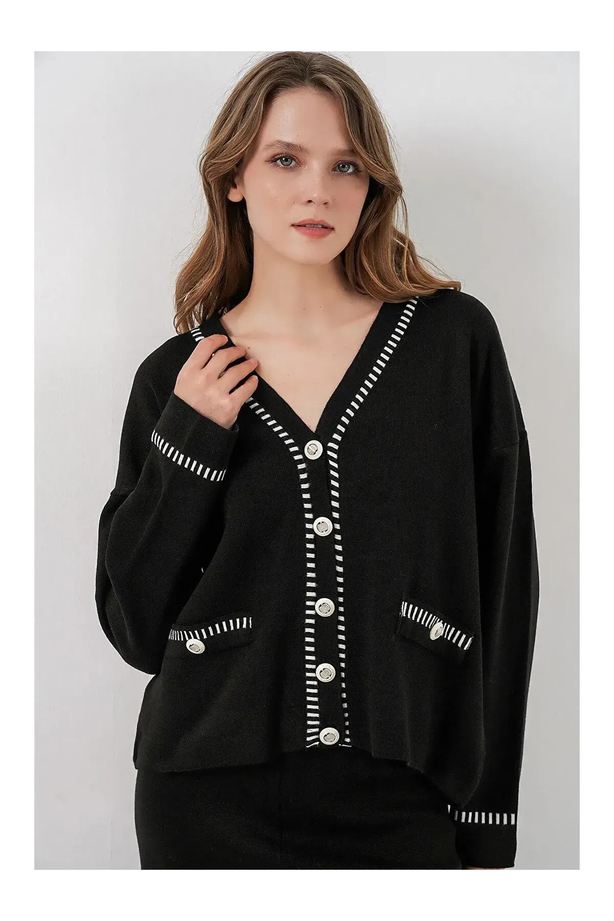 Kadın Nakışlı Triko Hırka Pantolon İkili Takım 15963 - Siyah