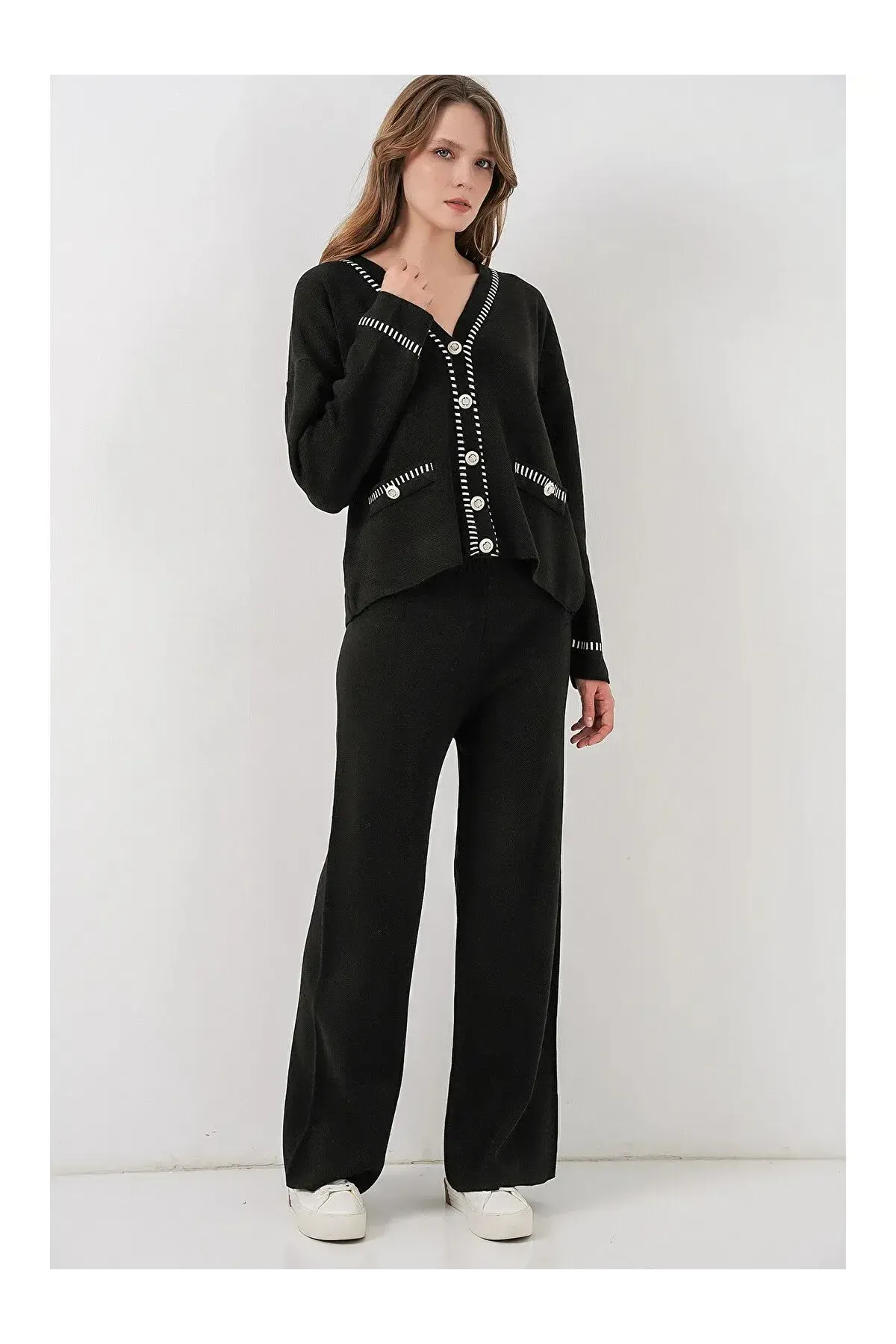 Kadın Nakışlı Triko Hırka Pantolon İkili Takım 15963 - Siyah