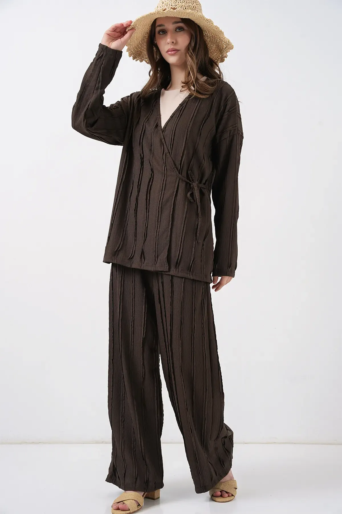 Kadın Örme Kimono Pantolon İkili Takım 30067 - Kahverengi