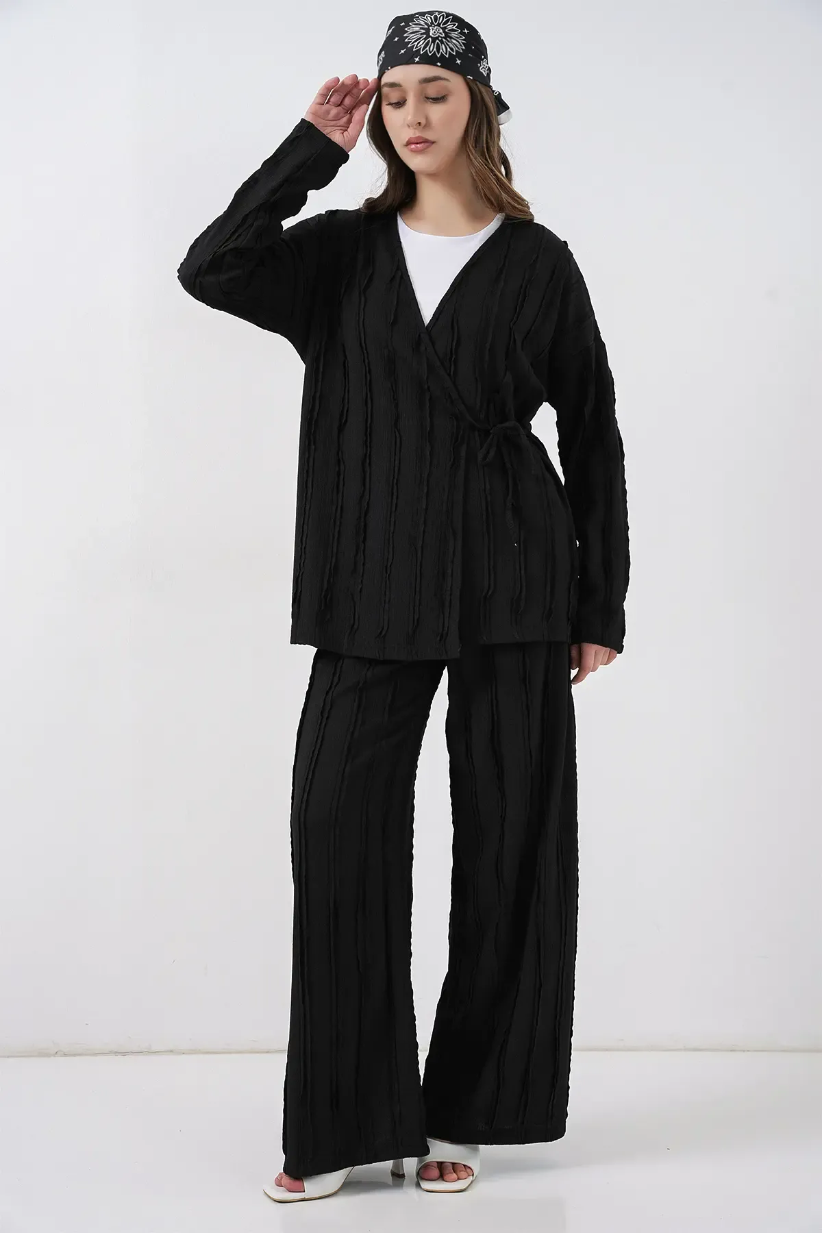 Kadın Örme Kimono Pantolon İkili Takım 30067 - Siyah